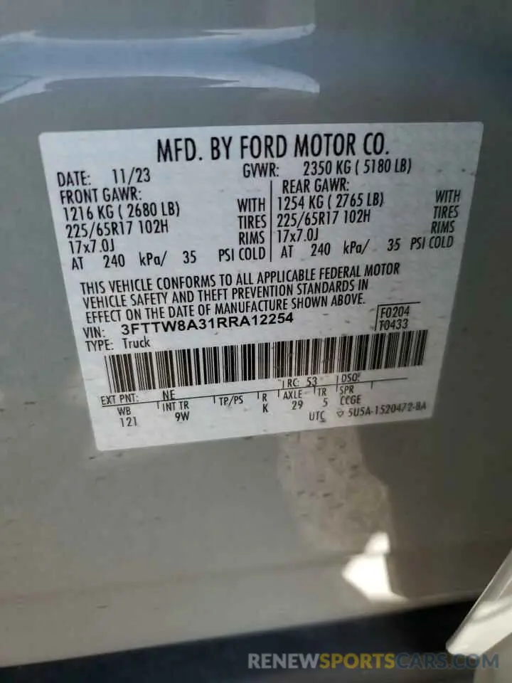 12 fotografías del automóvil dañado 3FTTW8A31RRA12254 FORD MAVERICK 2024