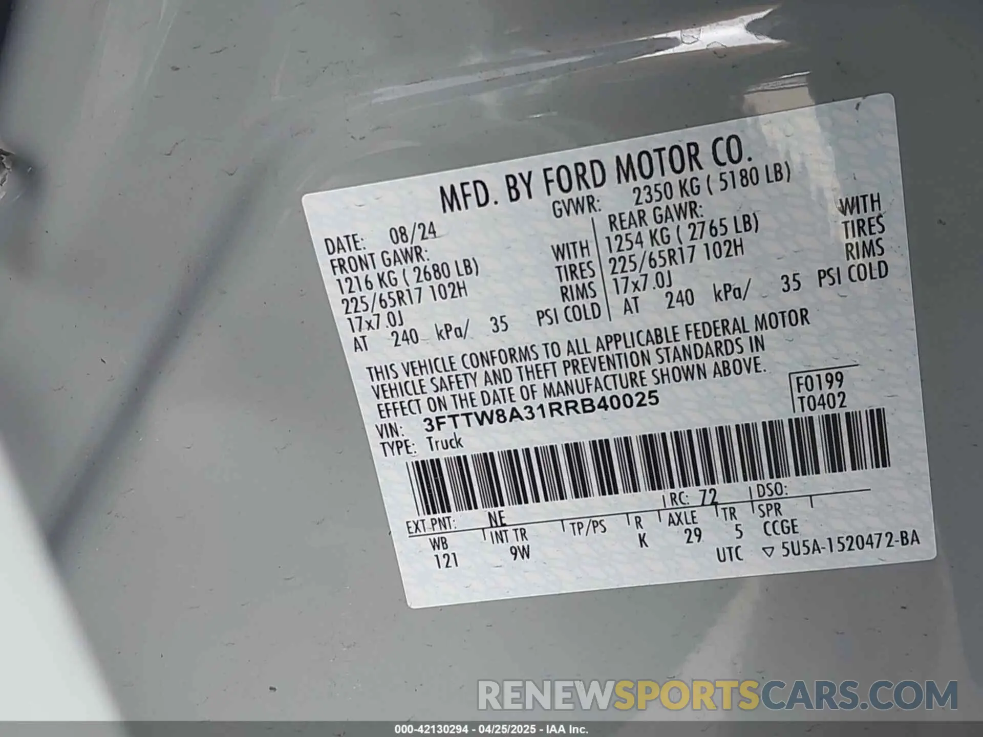 9 fotografías del automóvil dañado 3FTTW8A31RRB40025 FORD MAVERICK 2024