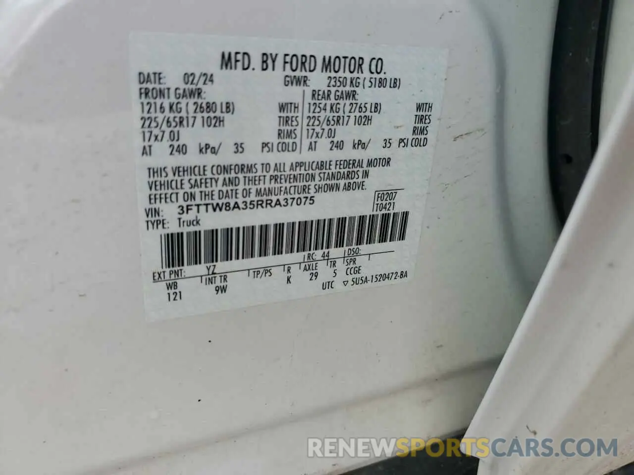 12 fotografías del automóvil dañado 3FTTW8A35RRA37075 FORD MAVERICK 2024