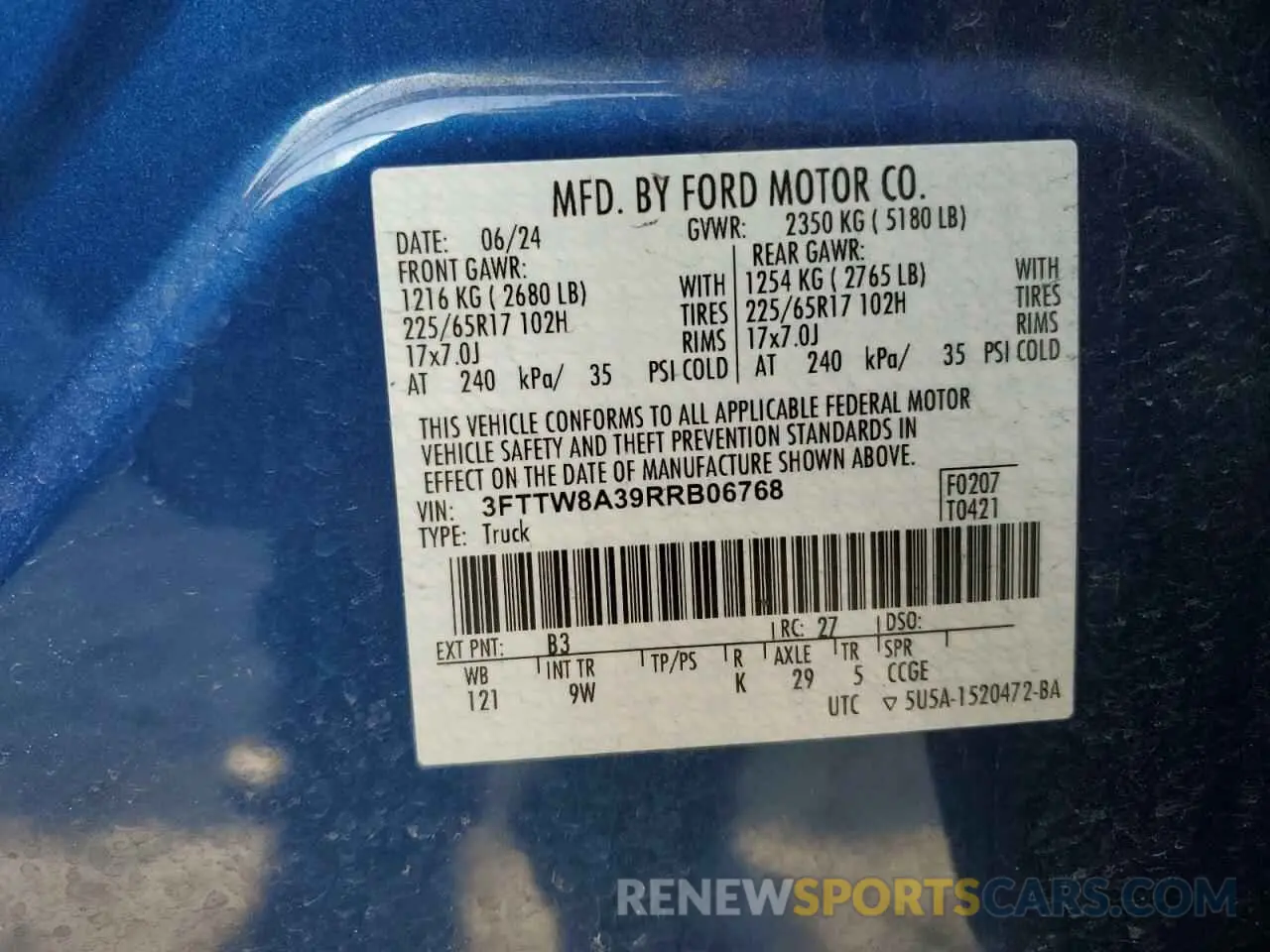 12 fotografías del automóvil dañado 3FTTW8A39RRB06768 FORD MAVERICK 2024