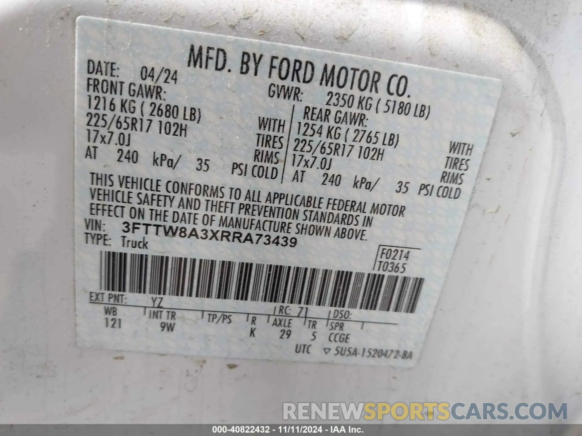 9 fotografías del automóvil dañado 3FTTW8A3XRRA73439 FORD MAVERICK 2024