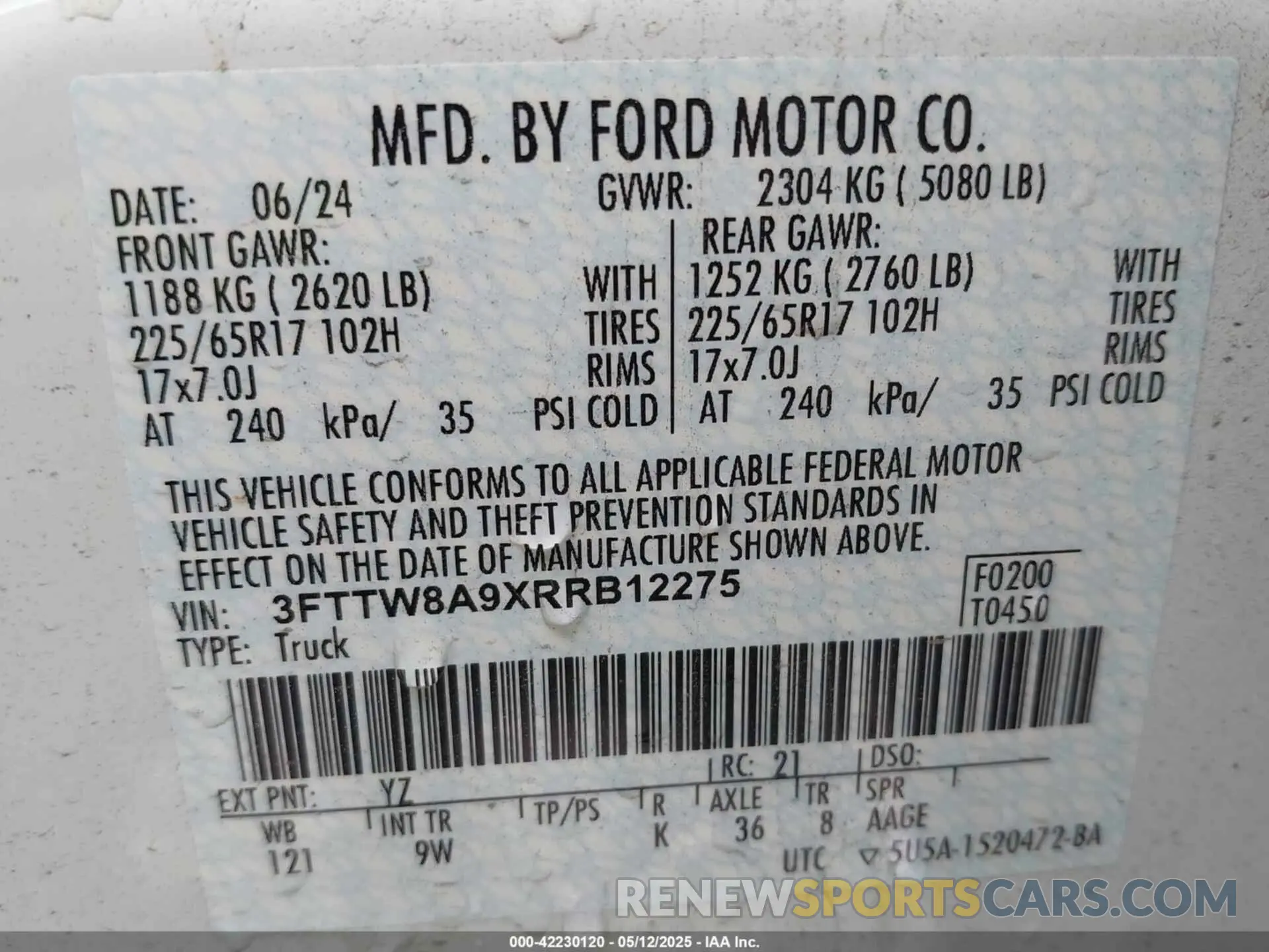 9 fotografías del automóvil dañado 3FTTW8A9XRRB12275 FORD MAVERICK 2024