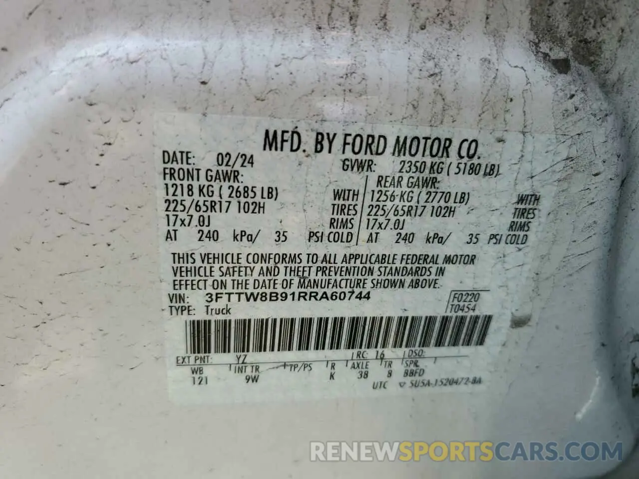 12 fotografías del automóvil dañado 3FTTW8B91RRA60744 FORD MAVERICK 2024