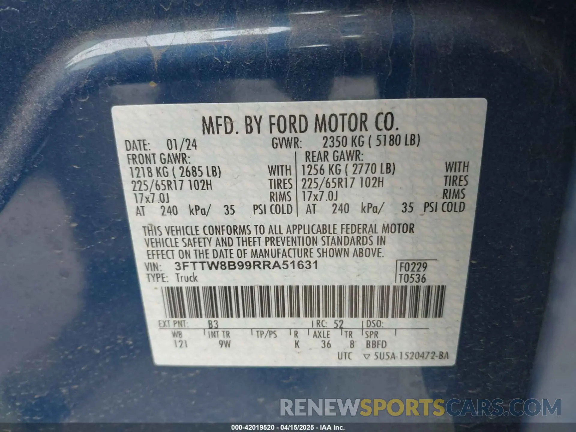 9 fotografías del automóvil dañado 3FTTW8B99RRA51631 FORD MAVERICK 2024