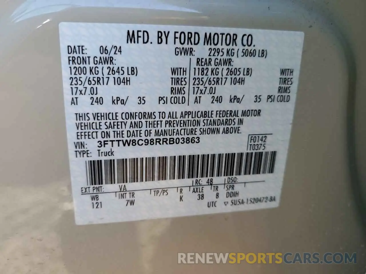 13 fotografías del automóvil dañado 3FTTW8C98RRB03863 FORD MAVERICK 2024