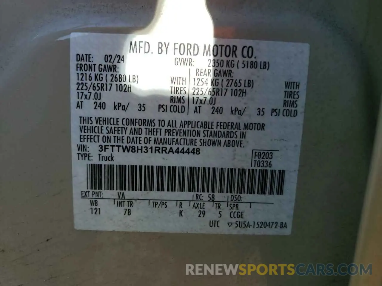12 fotografías del automóvil dañado 3FTTW8H31RRA44448 FORD MAVERICK 2024