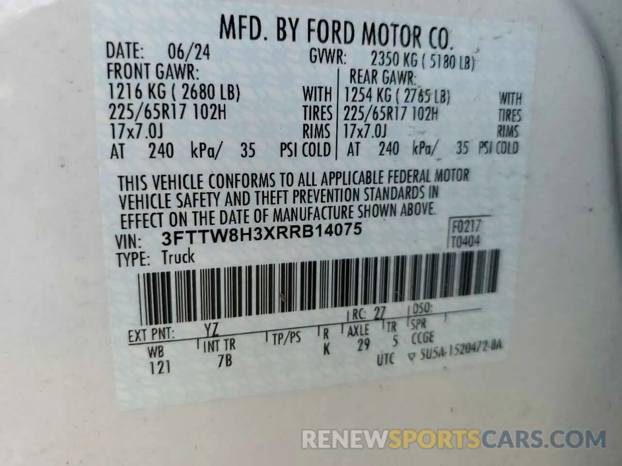 12 fotografías del automóvil dañado 3FTTW8H3XRRB14075 FORD MAVERICK 2024