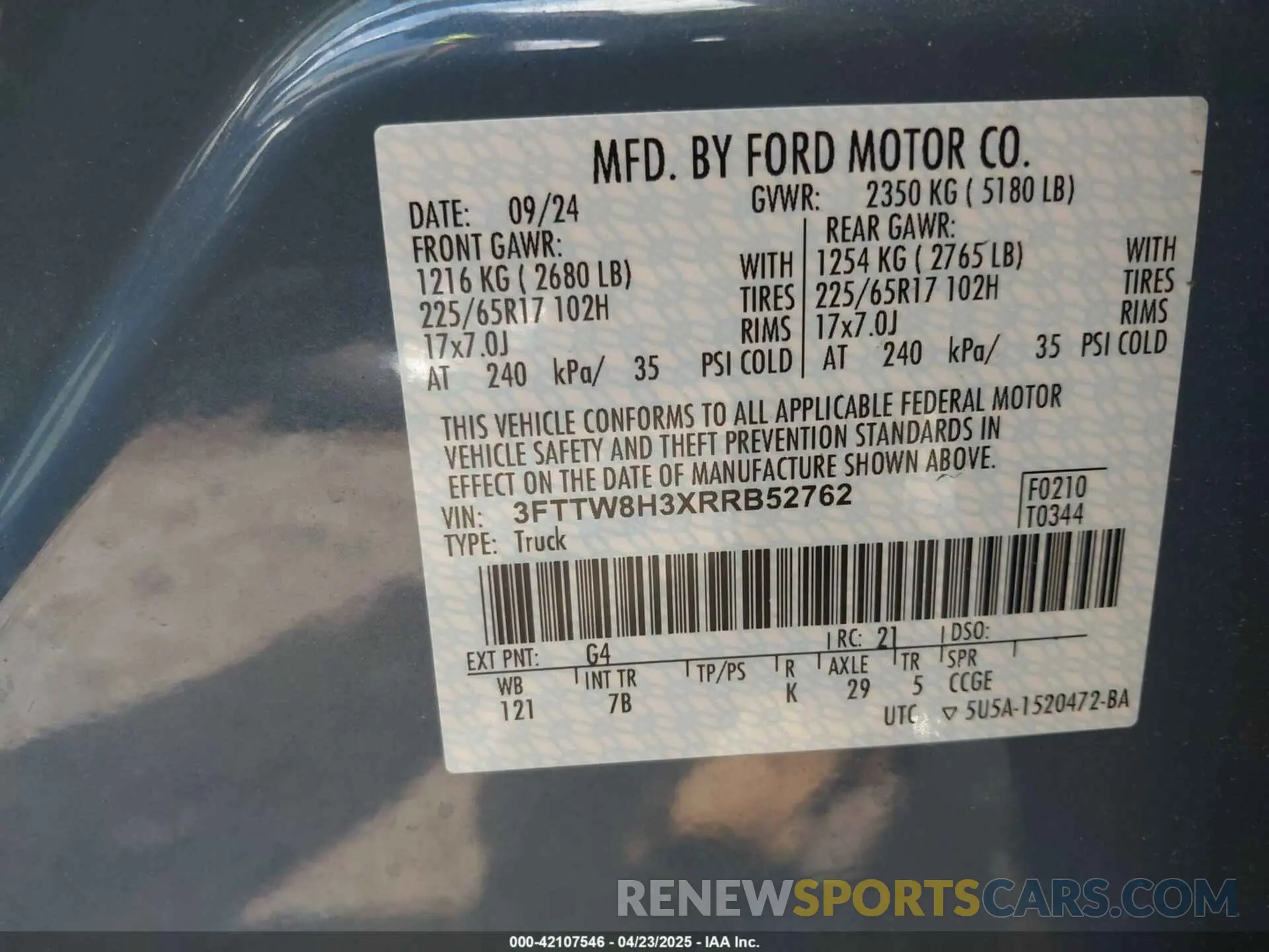 9 fotografías del automóvil dañado 3FTTW8H3XRRB52762 FORD MAVERICK 2024
