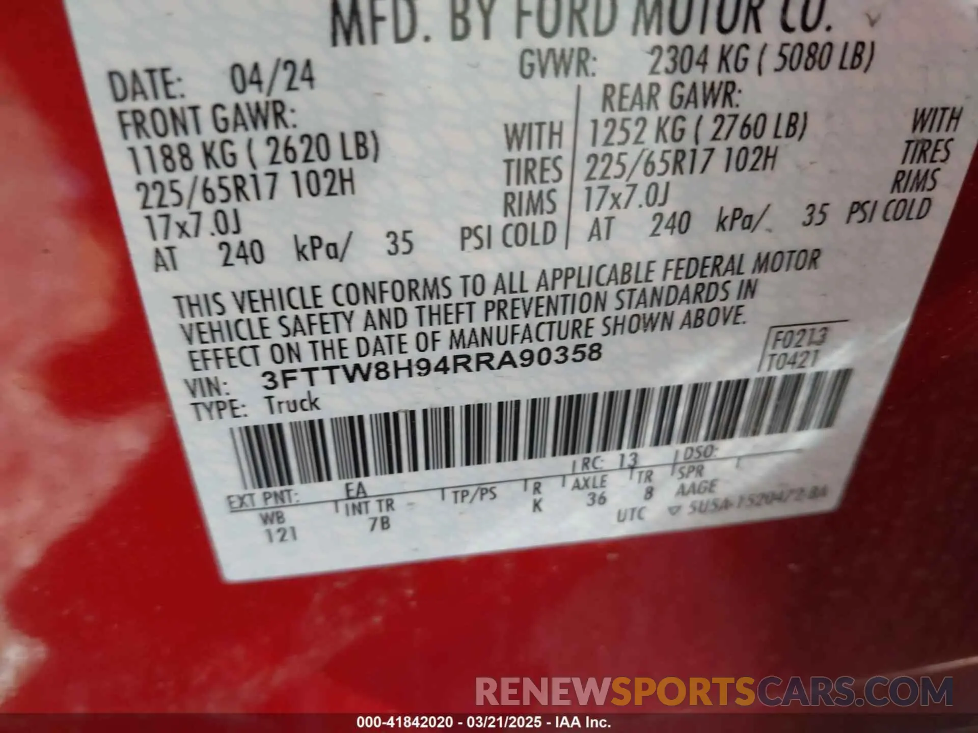 9 fotografías del automóvil dañado 3FTTW8H94RRA90358 FORD MAVERICK 2024