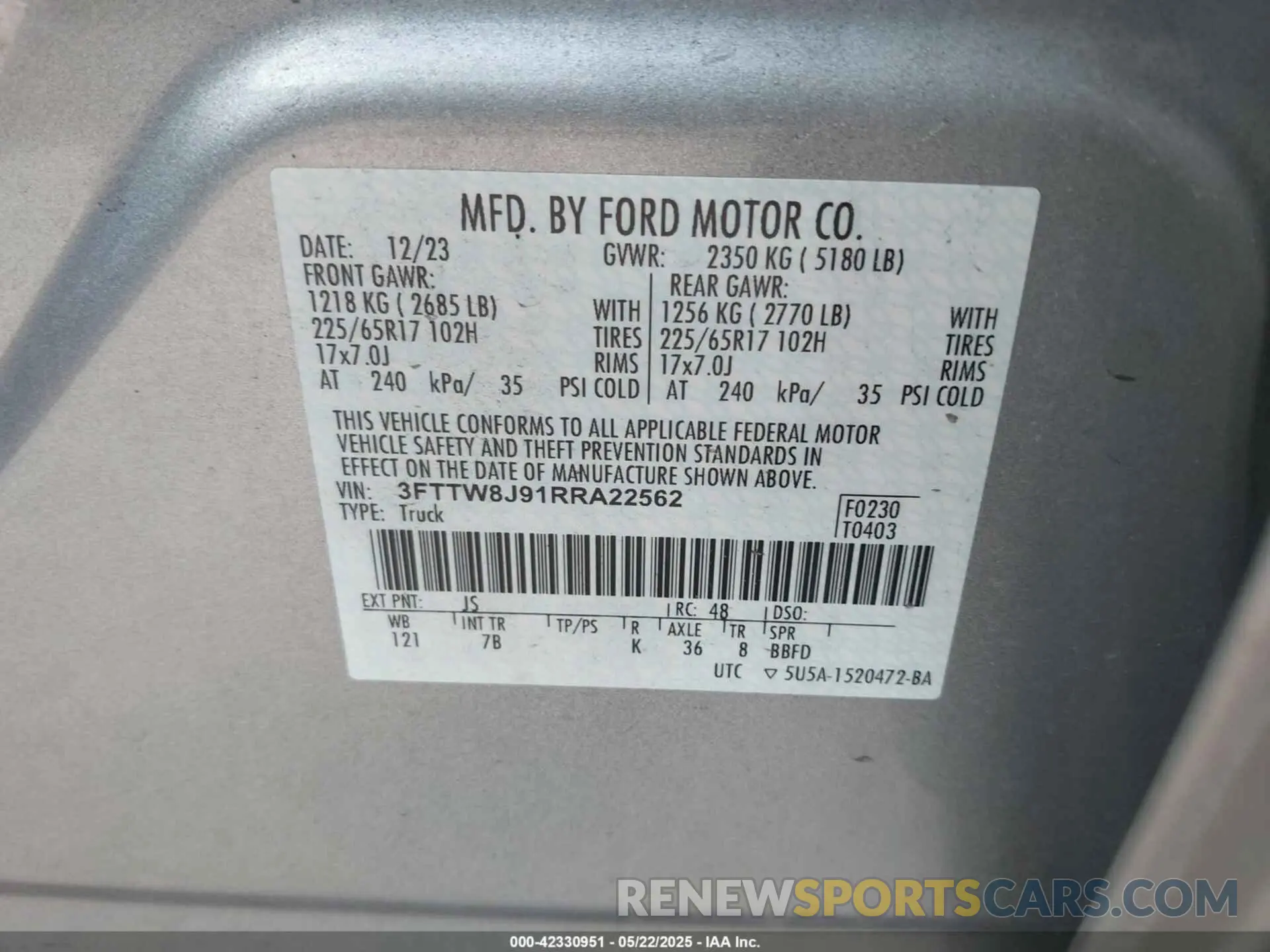 9 fotografías del automóvil dañado 3FTTW8J91RRA22562 FORD MAVERICK 2024