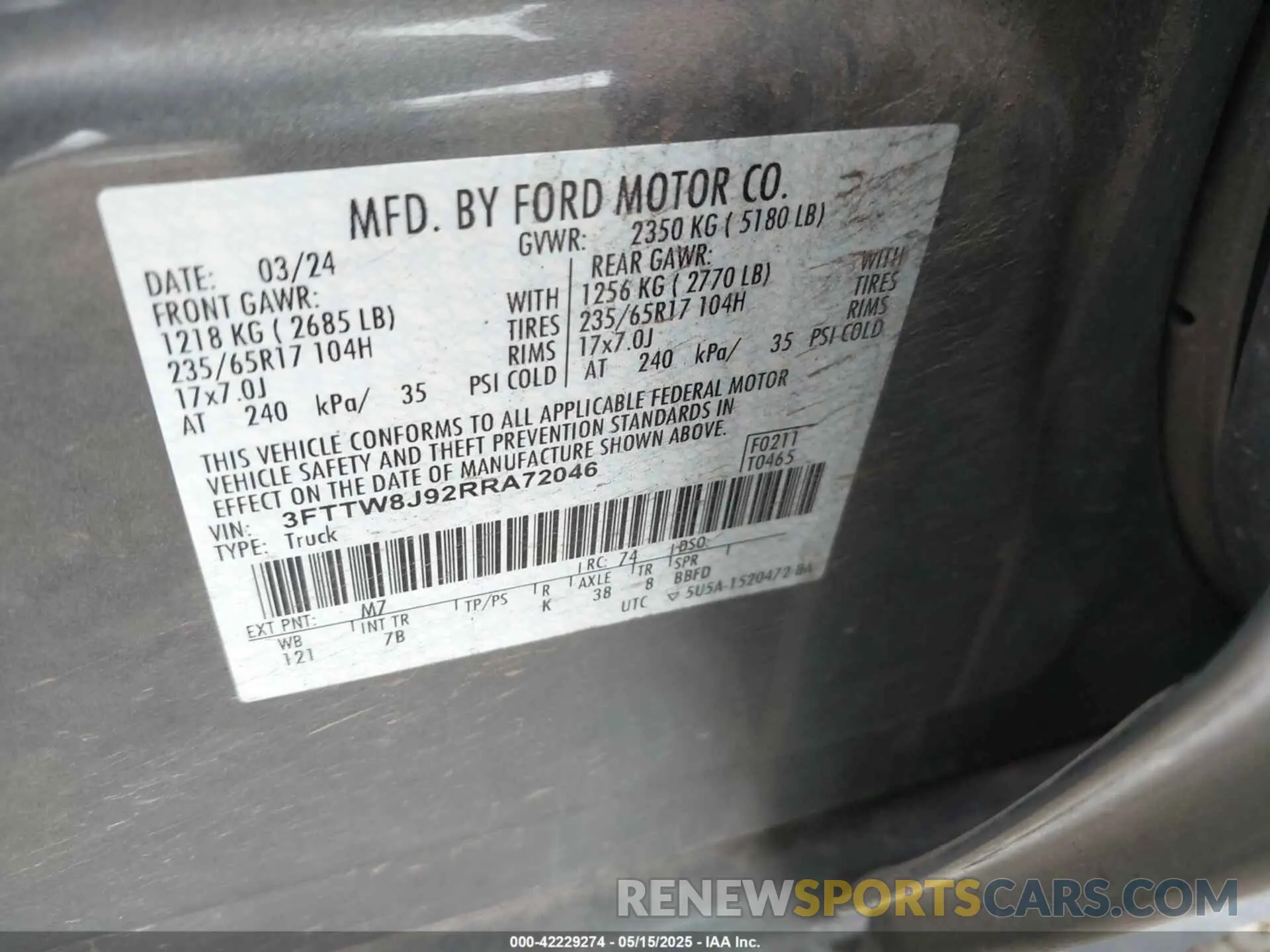 9 fotografías del automóvil dañado 3FTTW8J92RRA72046 FORD MAVERICK 2024