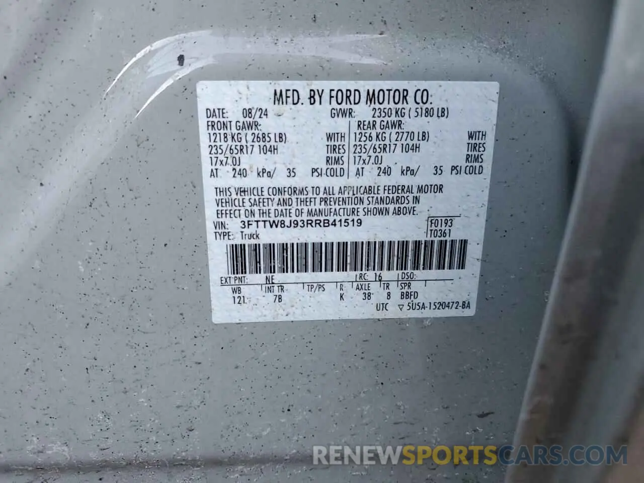 14 fotografías del automóvil dañado 3FTTW8J93RRB41519 FORD MAVERICK 2024