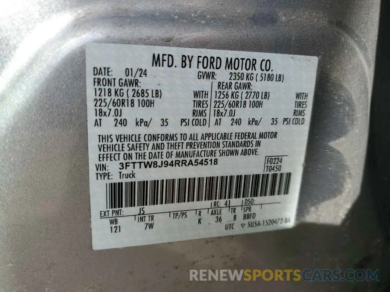 12 fotografías del automóvil dañado 3FTTW8J94RRA54518 FORD MAVERICK 2024