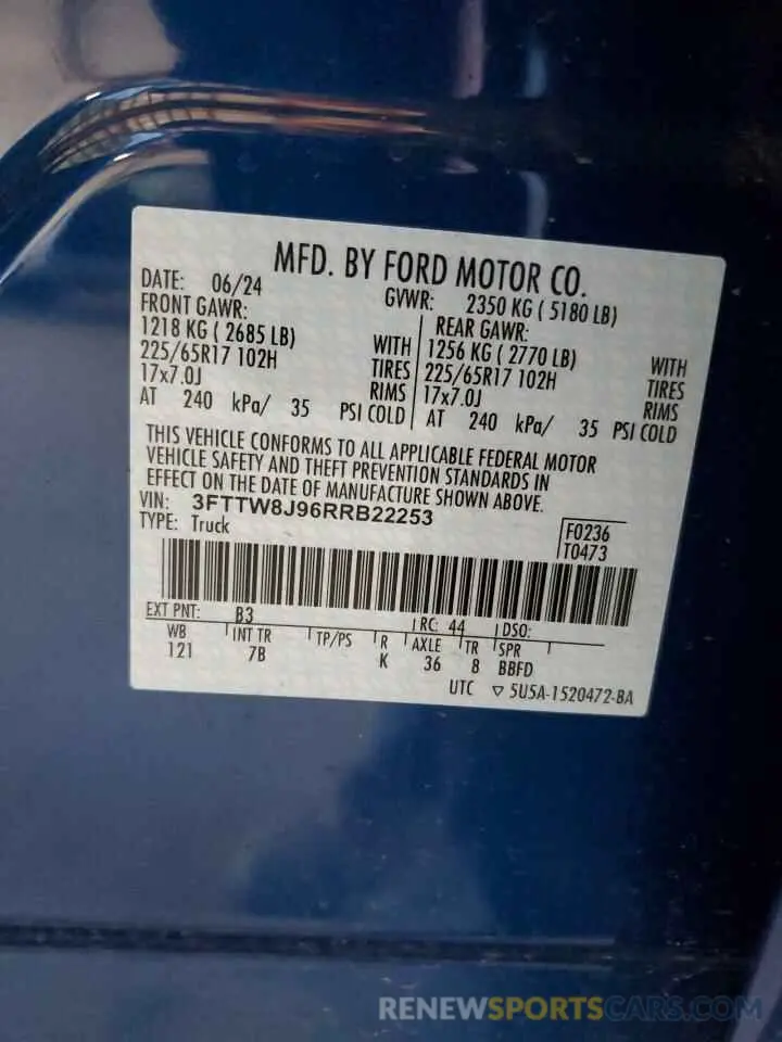 12 fotografías del automóvil dañado 3FTTW8J96RRB22253 FORD MAVERICK 2024
