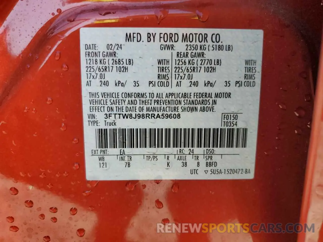 12 fotografías del automóvil dañado 3FTTW8J98RRA59608 FORD MAVERICK 2024