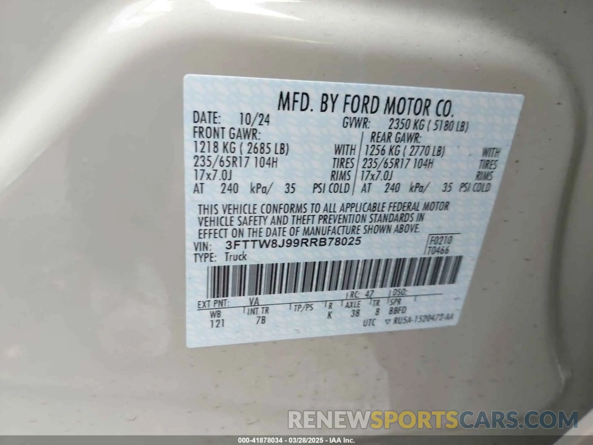 9 fotografías del automóvil dañado 3FTTW8J99RRB78025 FORD MAVERICK 2024