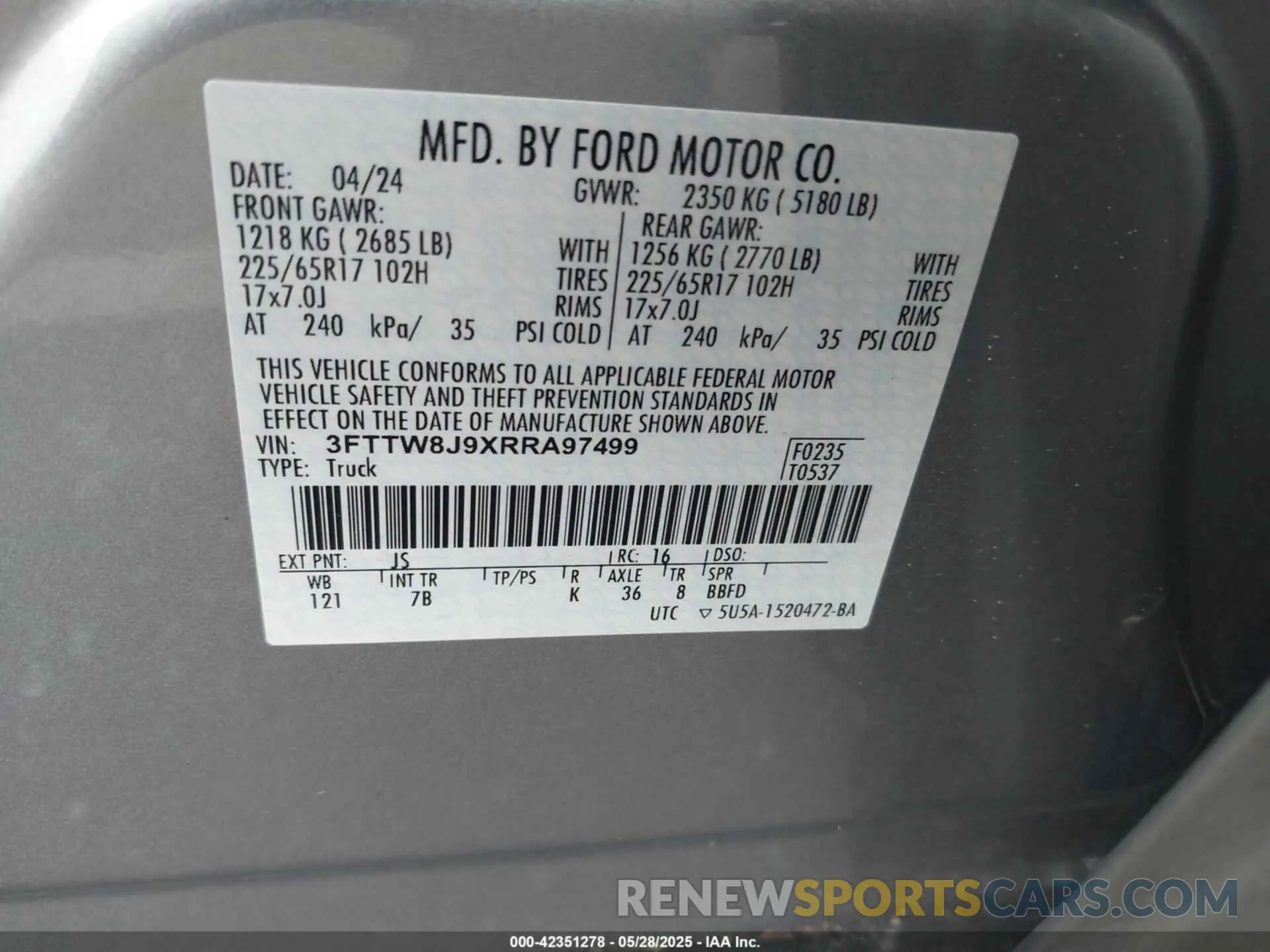 9 fotografías del automóvil dañado 3FTTW8J9XRRA97499 FORD MAVERICK 2024