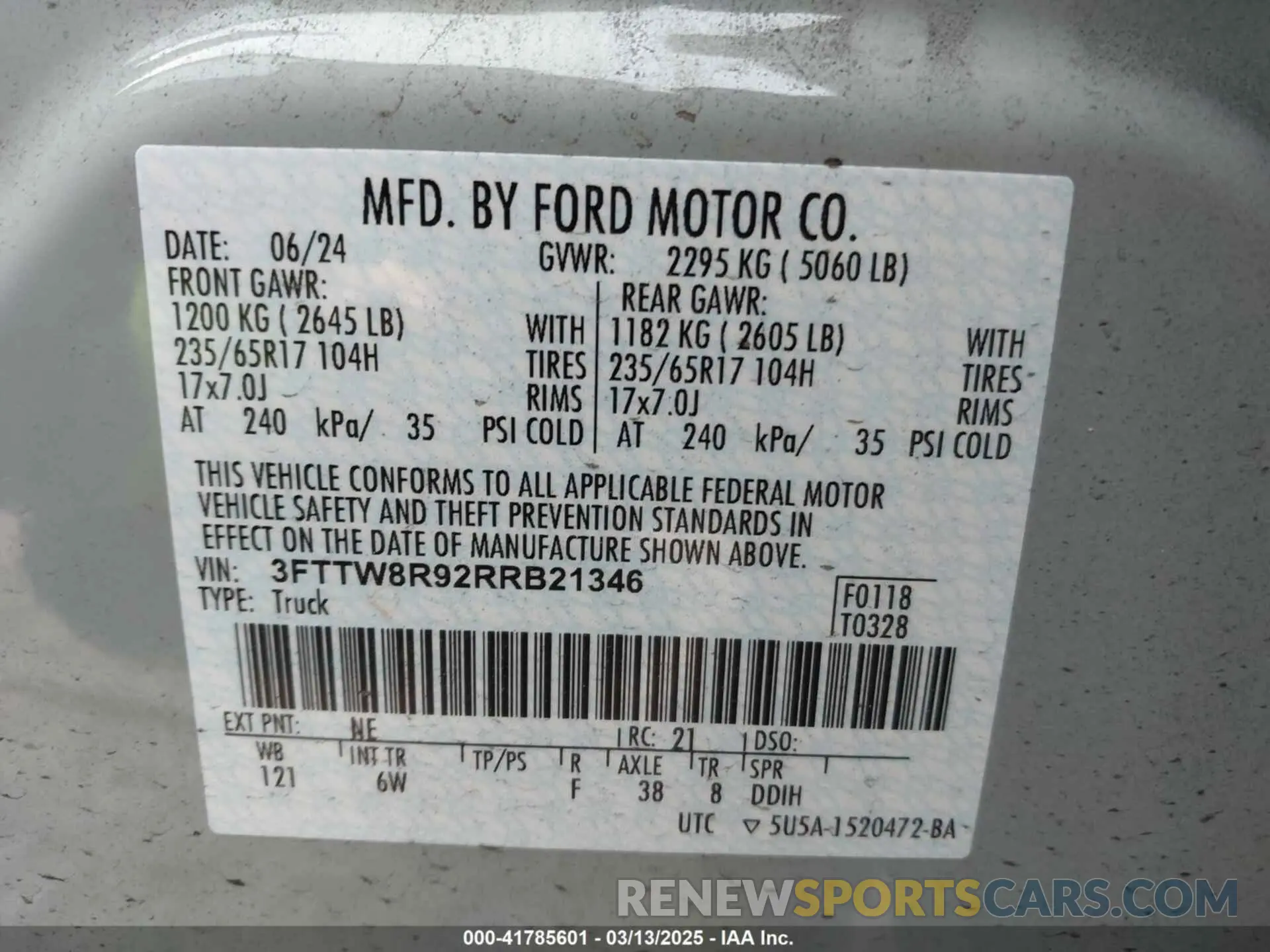 9 fotografías del automóvil dañado 3FTTW8R92RRB21346 FORD MAVERICK 2024