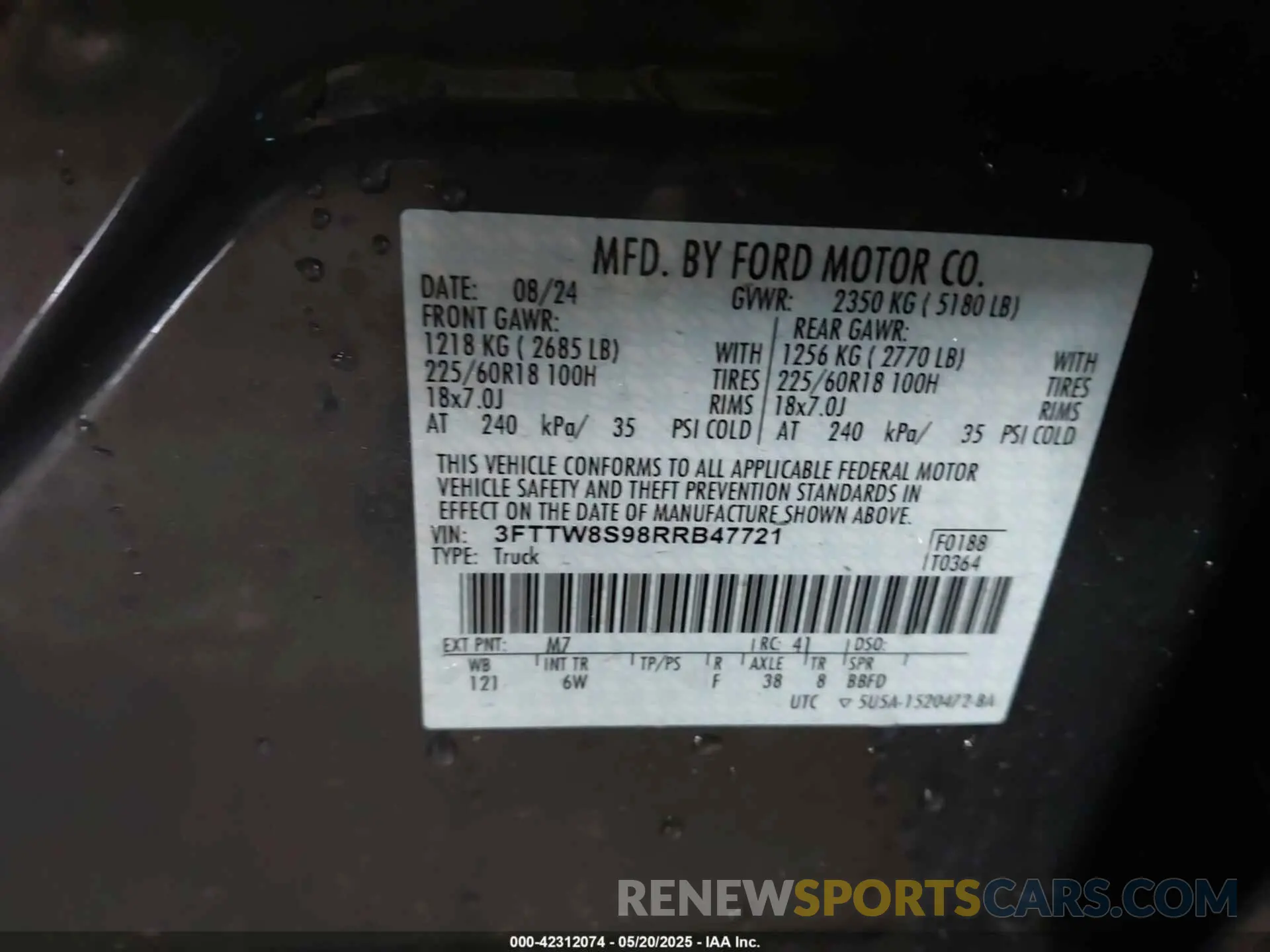 9 fotografías del automóvil dañado 3FTTW8S98RRB47721 FORD MAVERICK 2024