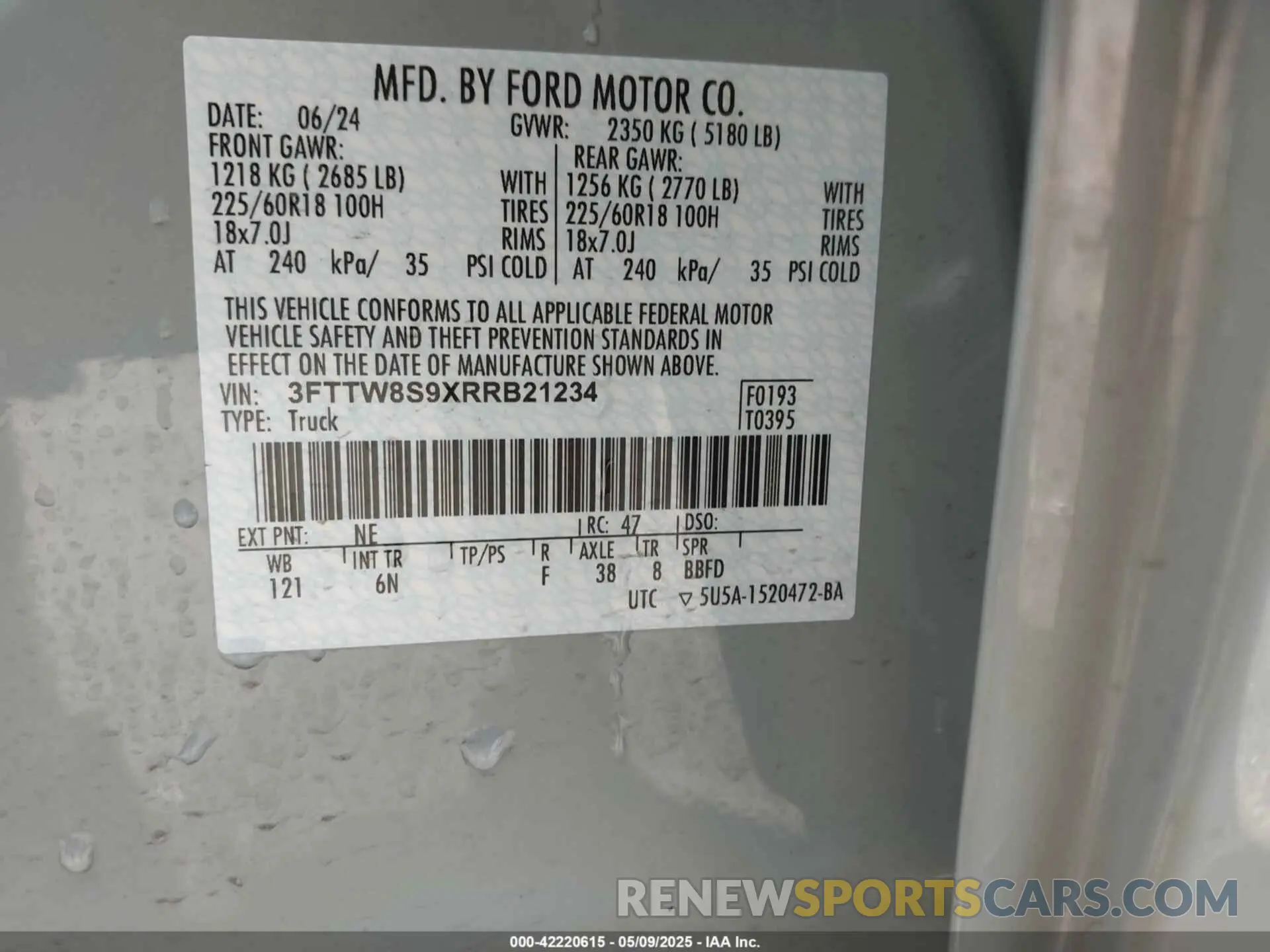 9 fotografías del automóvil dañado 3FTTW8S9XRRB21234 FORD MAVERICK 2024