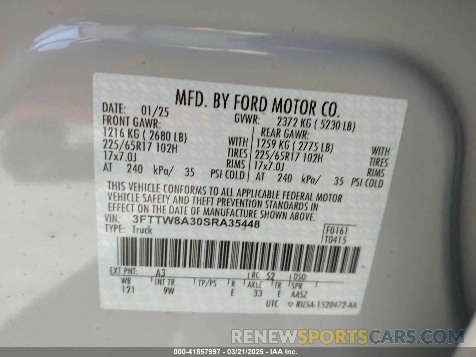 9 fotografías del automóvil dañado 3FTTW8A30SRA35448 FORD MAVERICK 2025