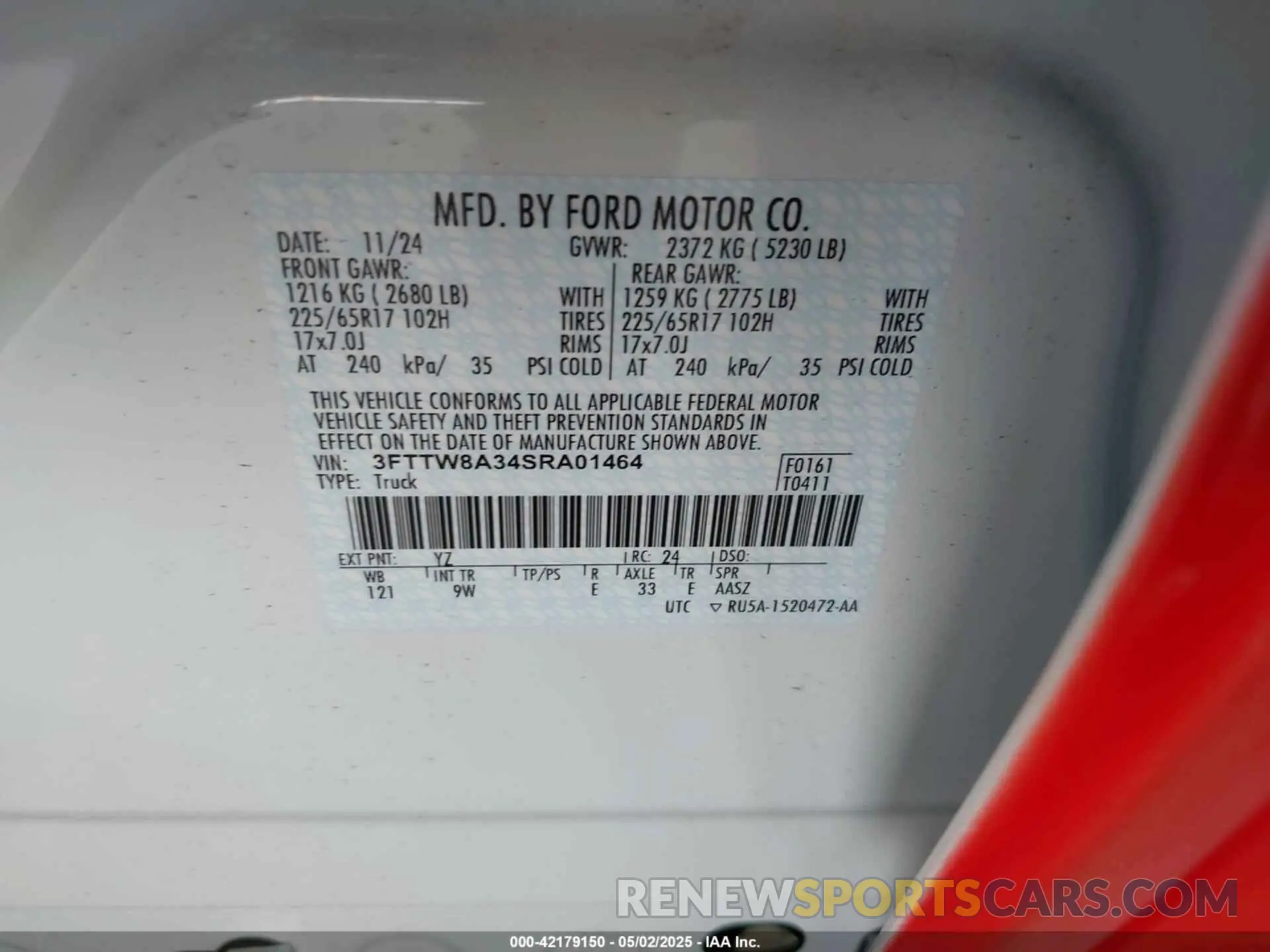 9 fotografías del automóvil dañado 3FTTW8A34SRA01464 FORD MAVERICK 2025