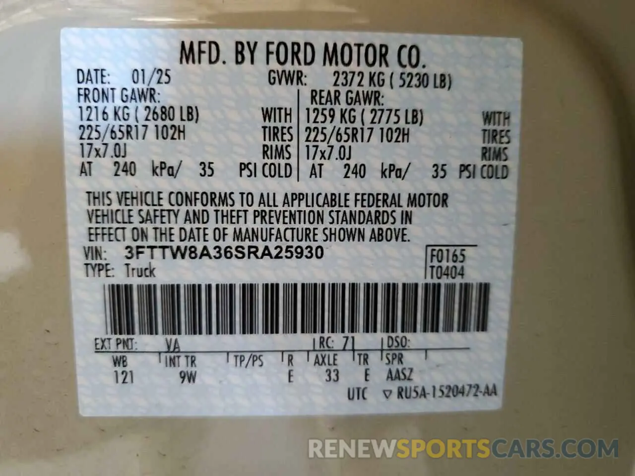 14 fotografías del automóvil dañado 3FTTW8A36SRA25930 FORD MAVERICK 2025