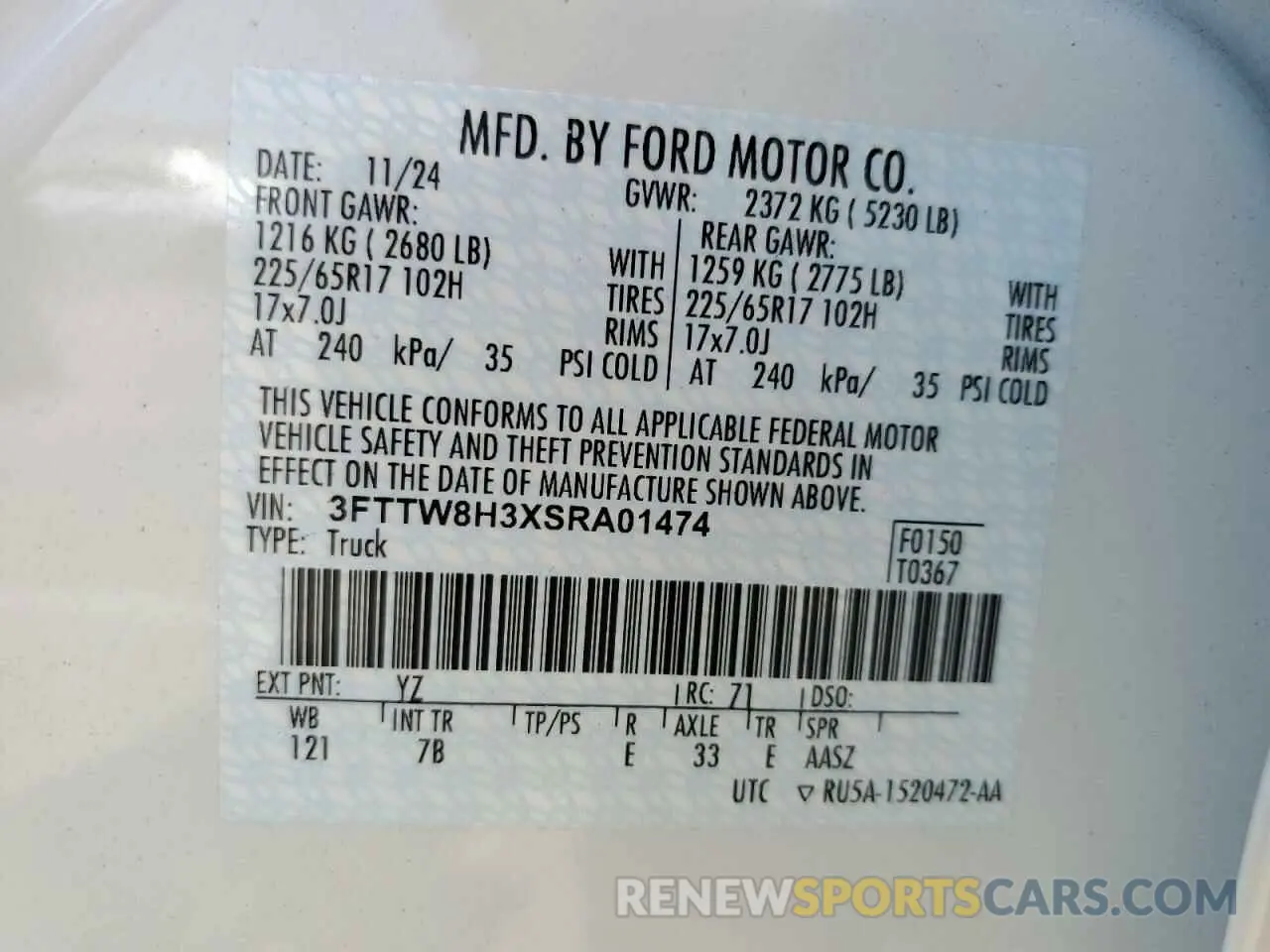 12 fotografías del automóvil dañado 3FTTW8H3XSRA01474 FORD MAVERICK 2025