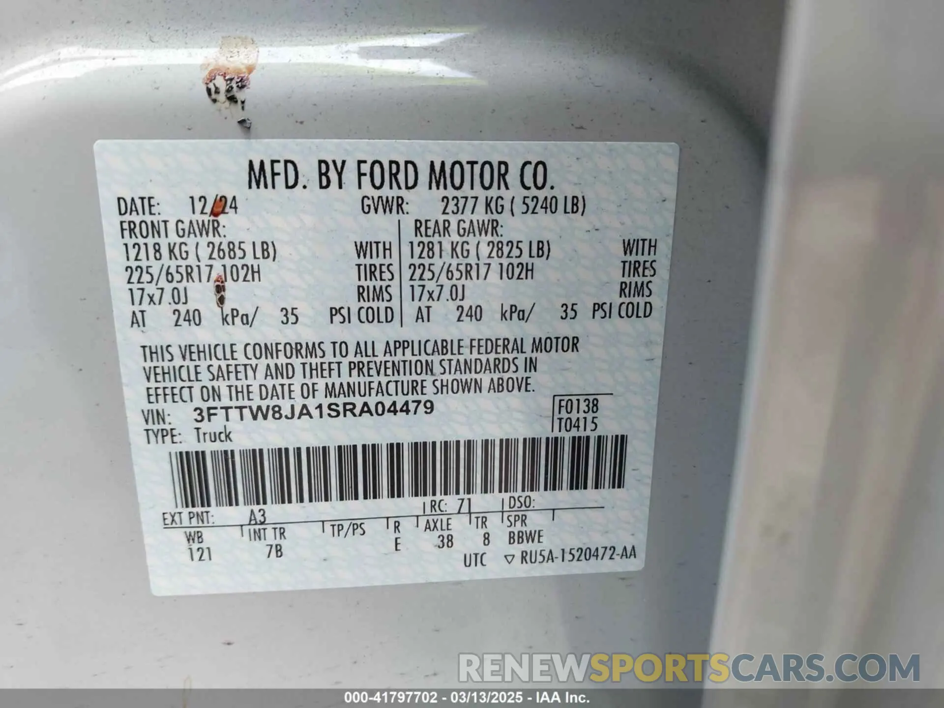 9 fotografías del automóvil dañado 3FTTW8JA1SRA04479 FORD MAVERICK 2025