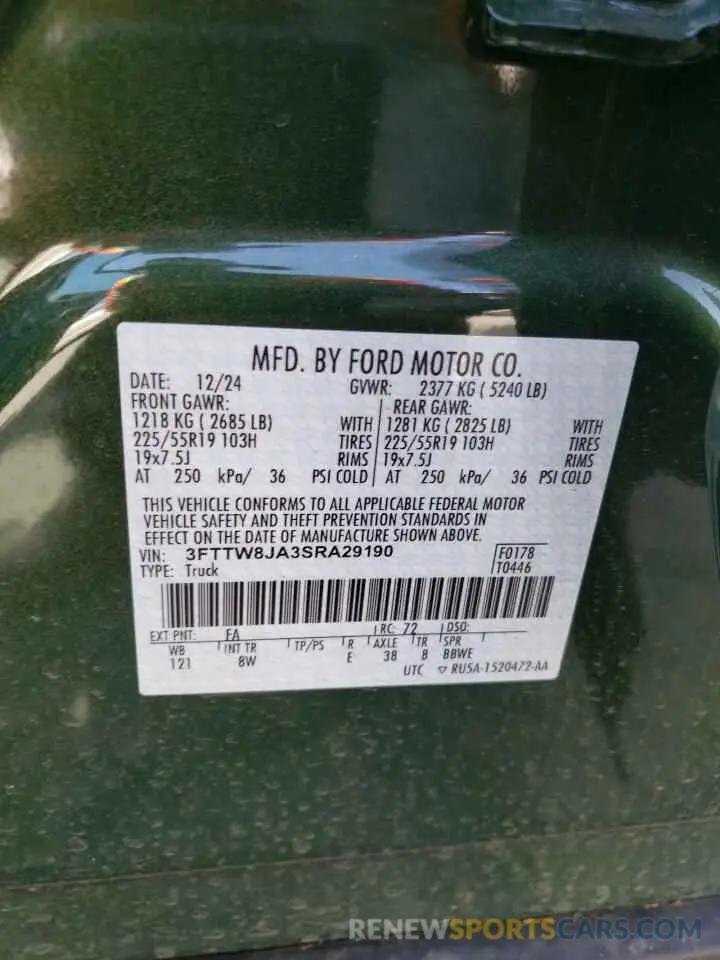 12 fotografías del automóvil dañado 3FTTW8JA3SRA29190 FORD MAVERICK 2025