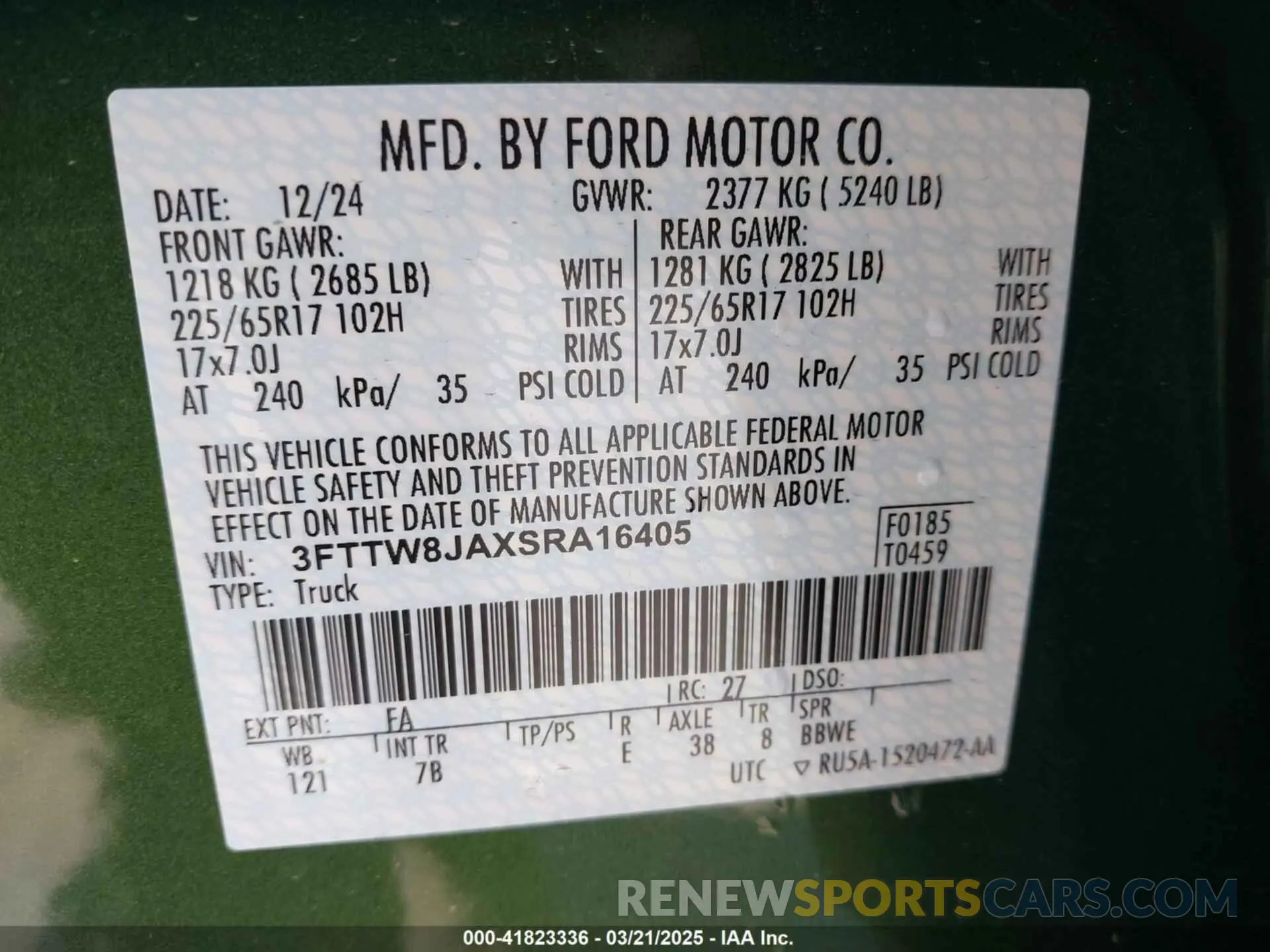 9 fotografías del automóvil dañado 3FTTW8JAXSRA16405 FORD MAVERICK 2025