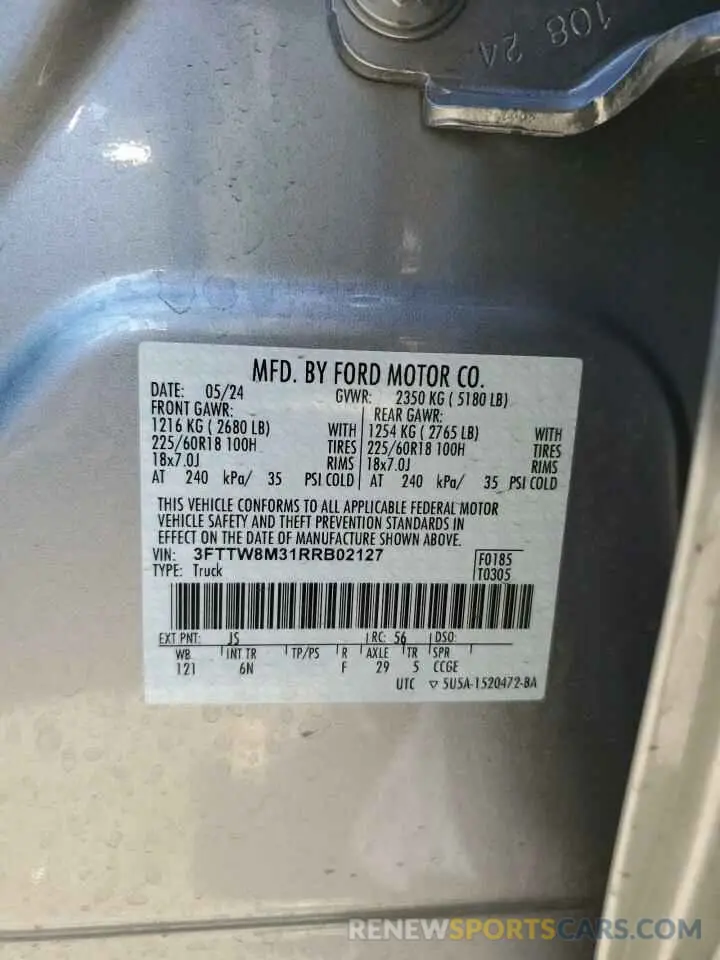 12 fotografías del automóvil dañado 3FTTW8M31RRB02127 FORD MAVERICK L 2024