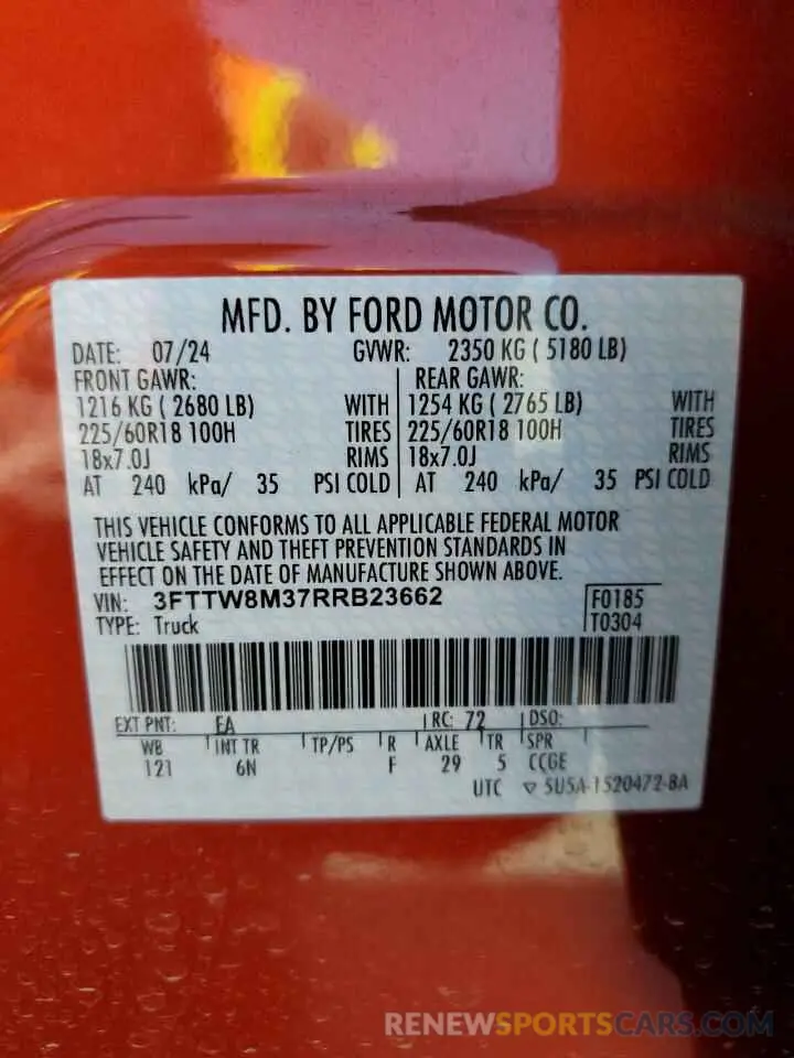 13 fotografías del automóvil dañado 3FTTW8M37RRB23662 FORD MAVERICK L 2024