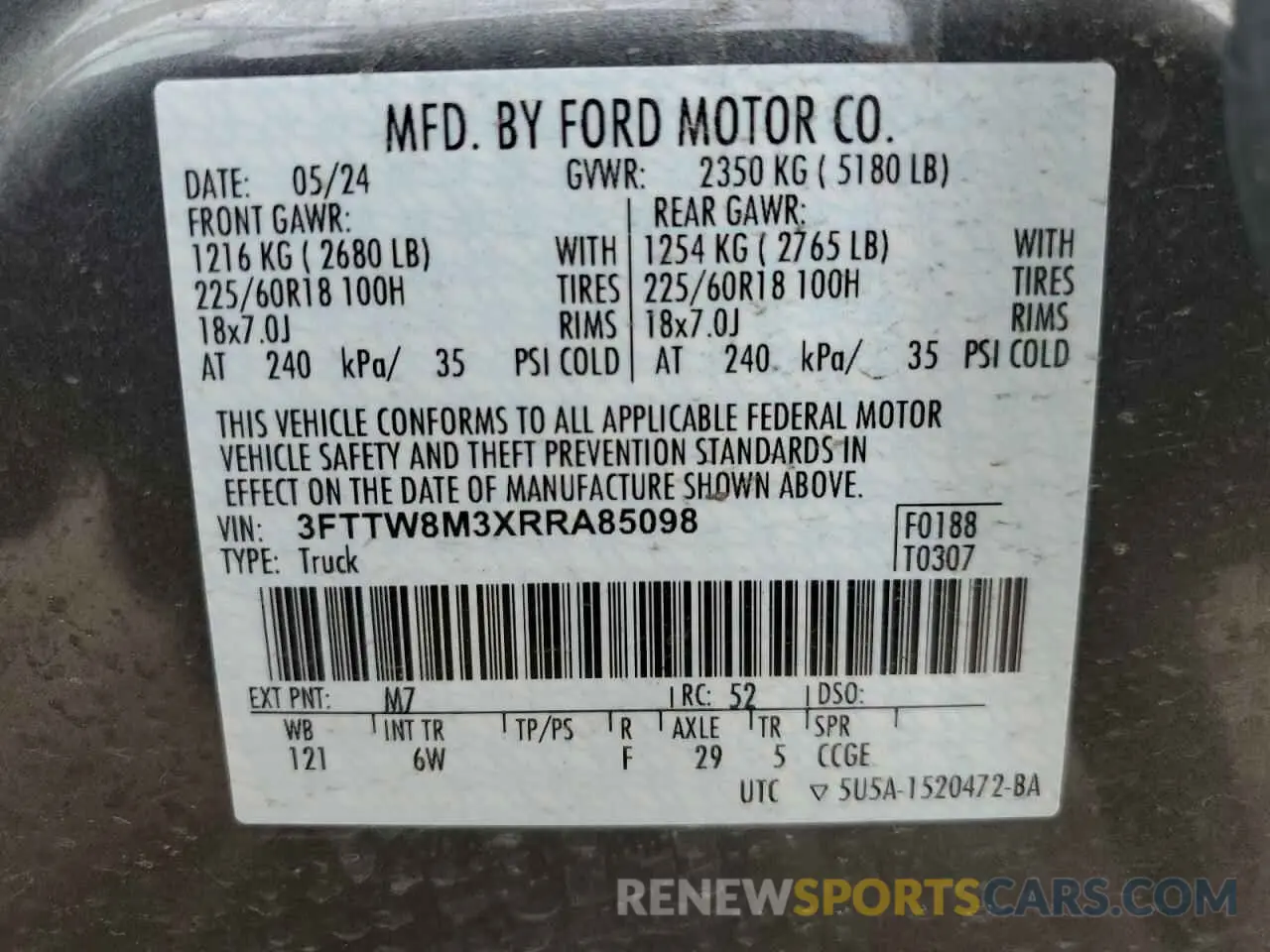 15 fotografías del automóvil dañado 3FTTW8M3XRRA85098 FORD MAVERICK L 2024