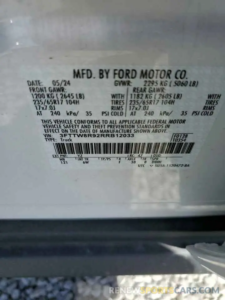 12 fotografías del automóvil dañado 3FTTW8R92RRB12033 FORD MAVERICK L 2024