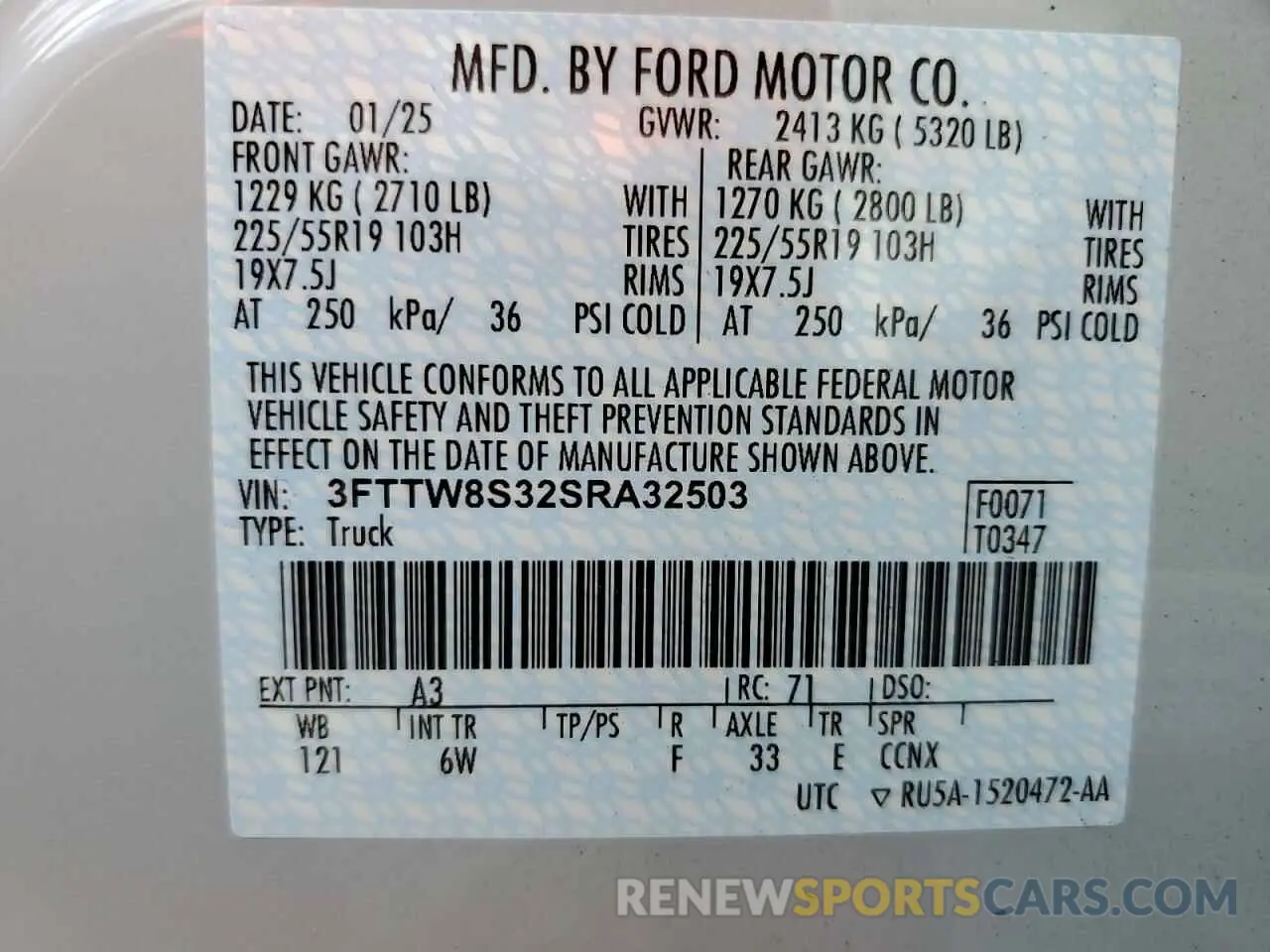 12 fotografías del automóvil dañado 3FTTW8S32SRA32503 FORD MAVERICK L 2025