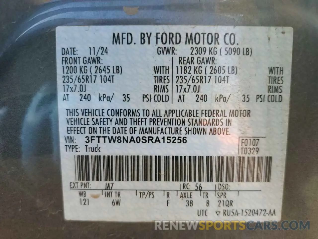 12 fotografías del automóvil dañado 3FTTW8NA0SRA15256 FORD MAVERICK T 2025