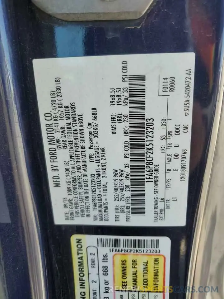 12 fotografías del automóvil dañado 1FA6P8CF2K5123203 FORD MUSTANG 2019