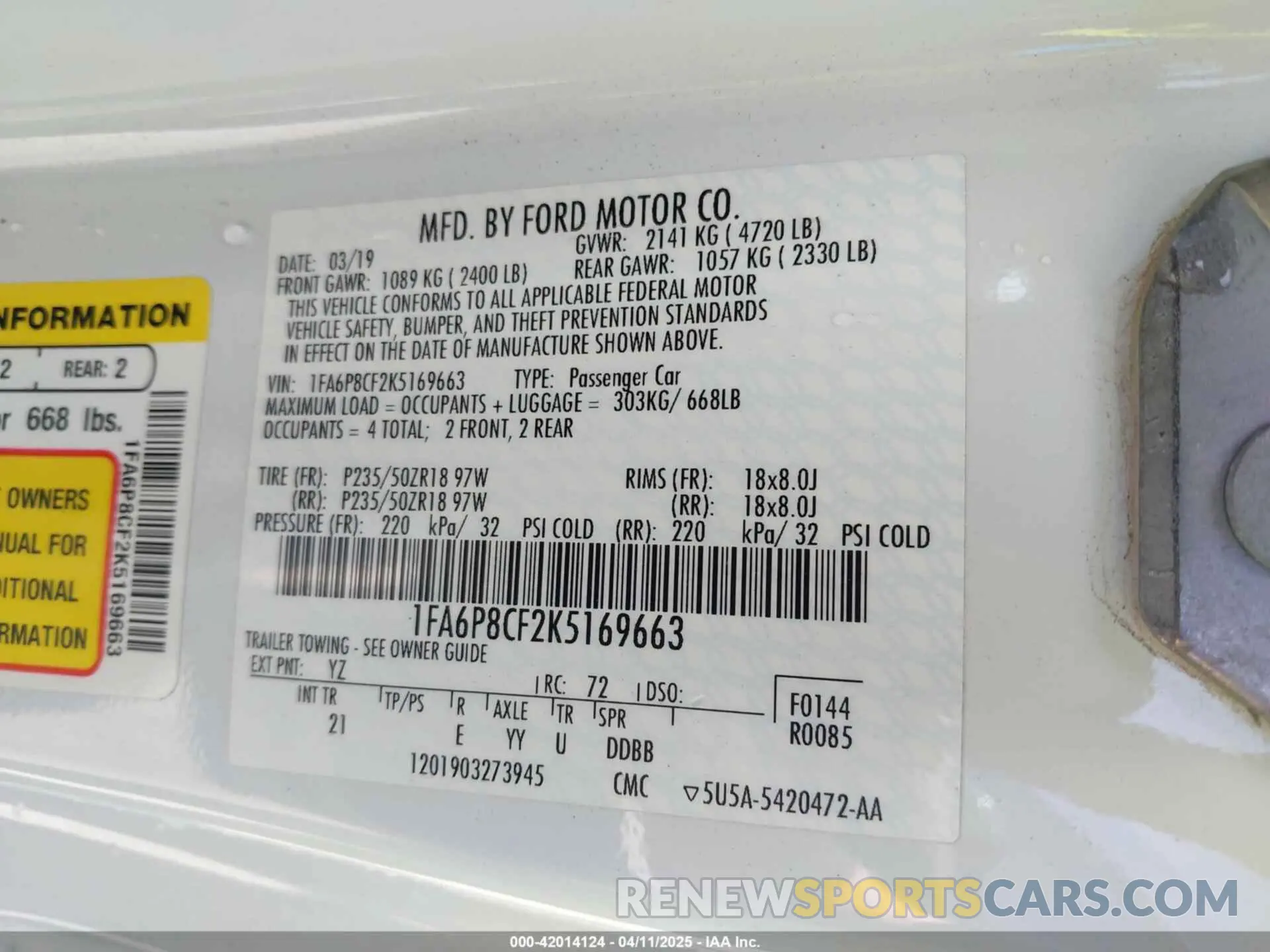 9 fotografías del automóvil dañado 1FA6P8CF2K5169663 FORD MUSTANG 2019