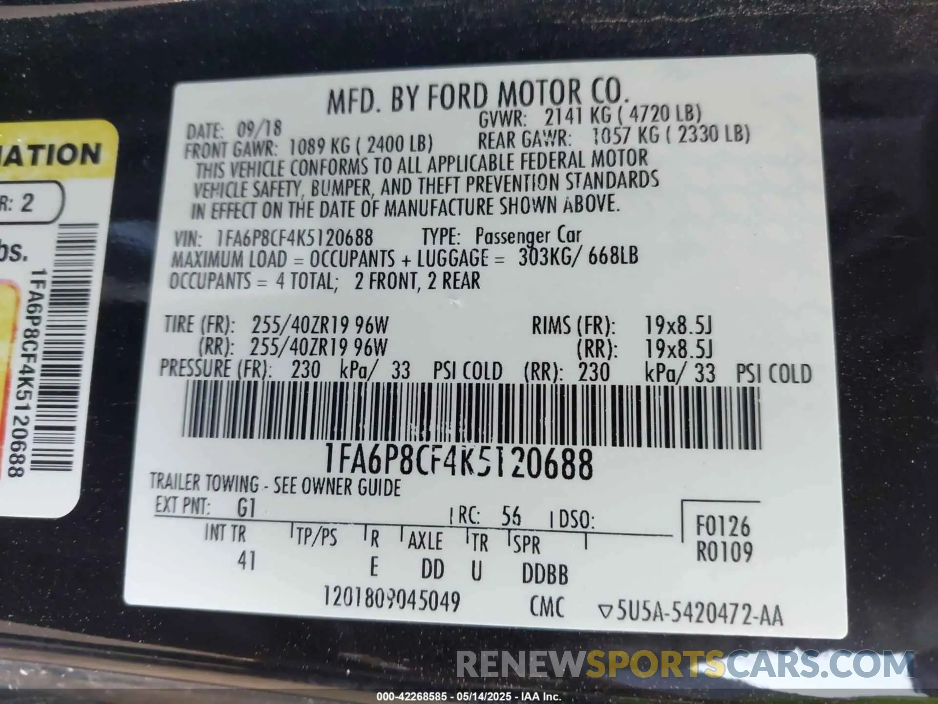 9 fotografías del automóvil dañado 1FA6P8CF4K5120688 FORD MUSTANG 2019