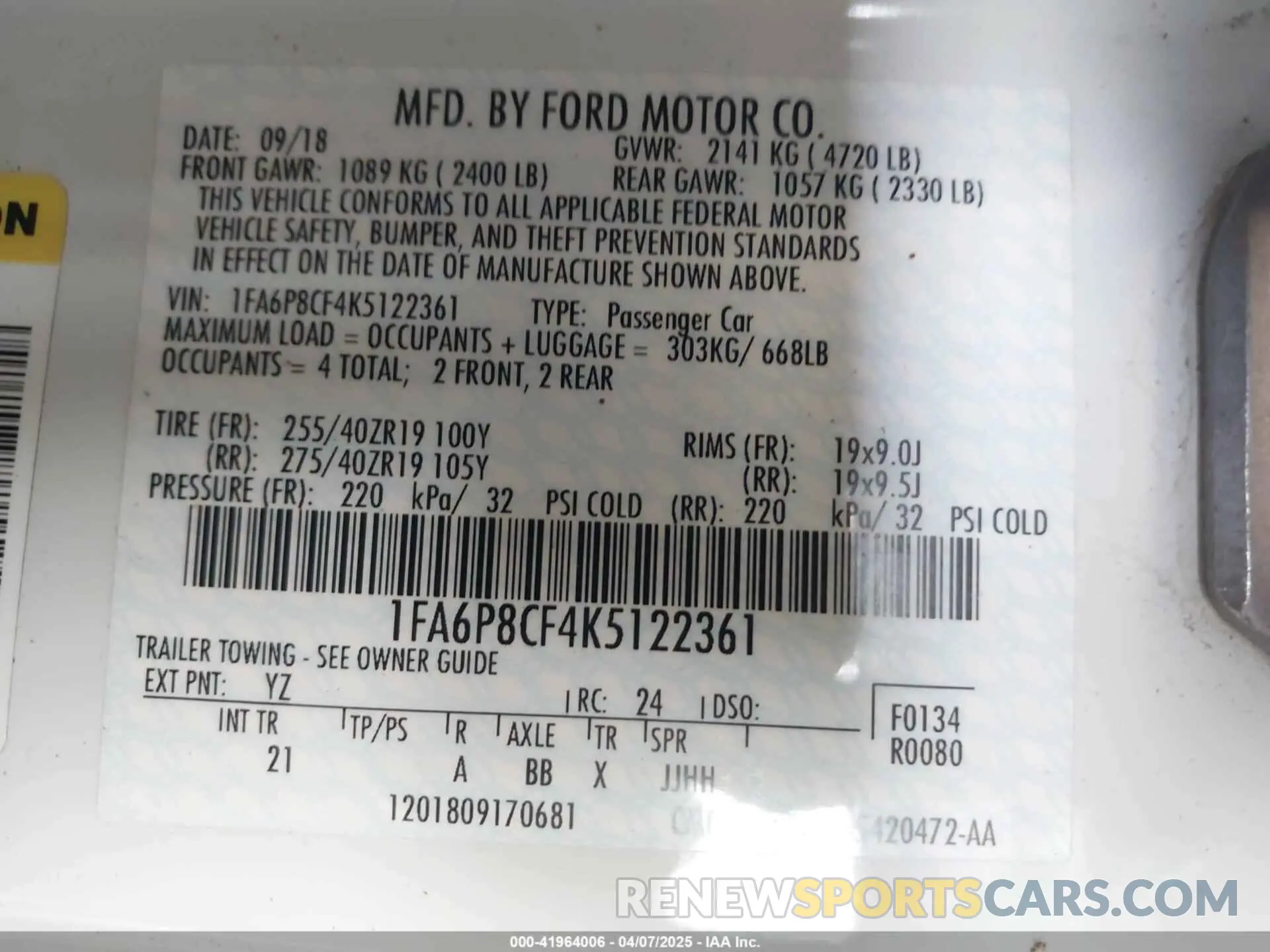 9 fotografías del automóvil dañado 1FA6P8CF4K5122361 FORD MUSTANG 2019
