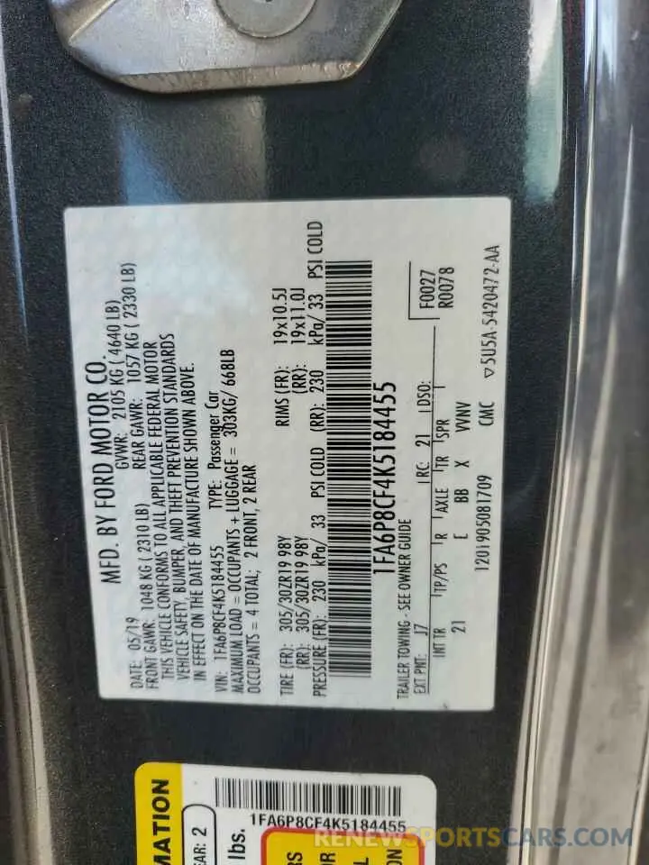 12 fotografías del automóvil dañado 1FA6P8CF4K5184455 FORD MUSTANG 2019