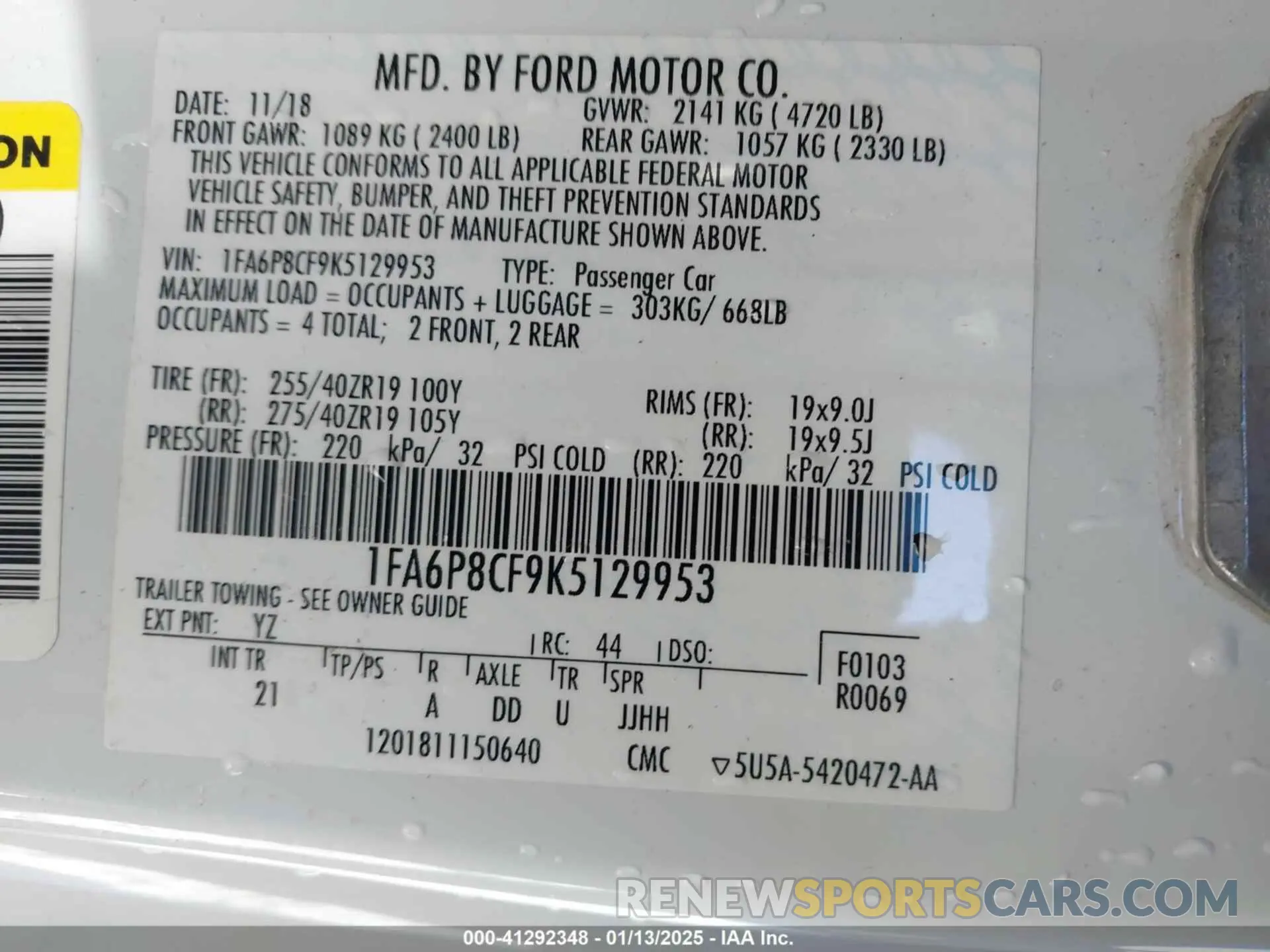 9 fotografías del automóvil dañado 1FA6P8CF9K5129953 FORD MUSTANG 2019