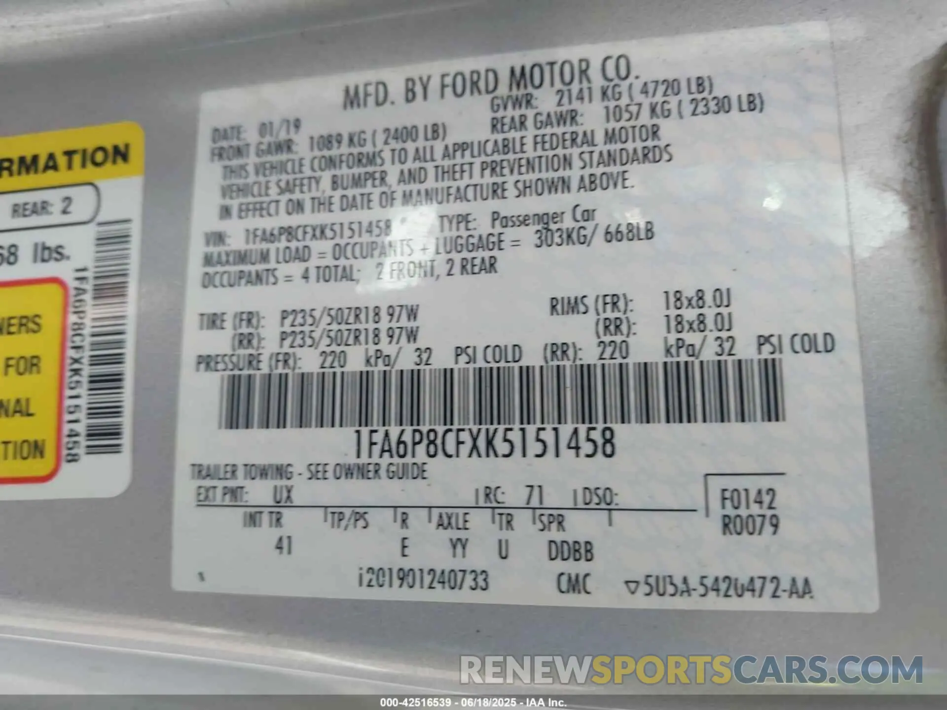 9 fotografías del automóvil dañado 1FA6P8CFXK5151458 FORD MUSTANG 2019