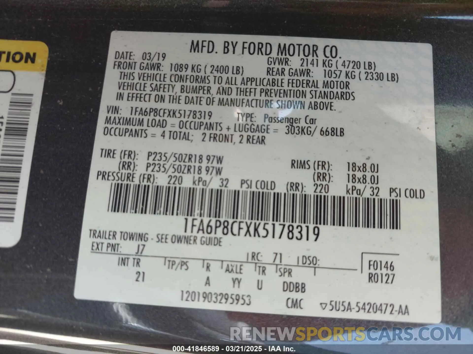 9 fotografías del automóvil dañado 1FA6P8CFXK5178319 FORD MUSTANG 2019