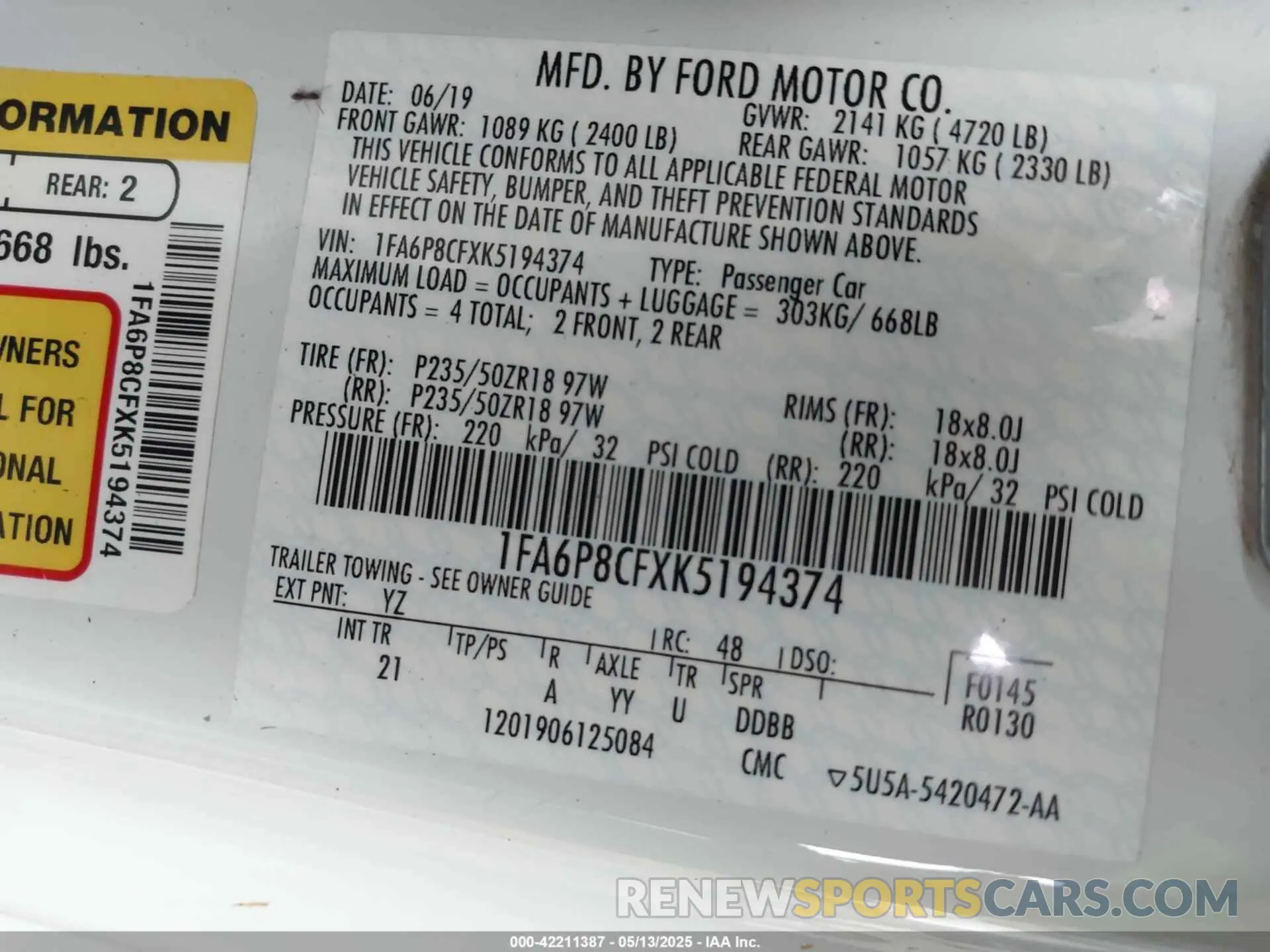 9 fotografías del automóvil dañado 1FA6P8CFXK5194374 FORD MUSTANG 2019
