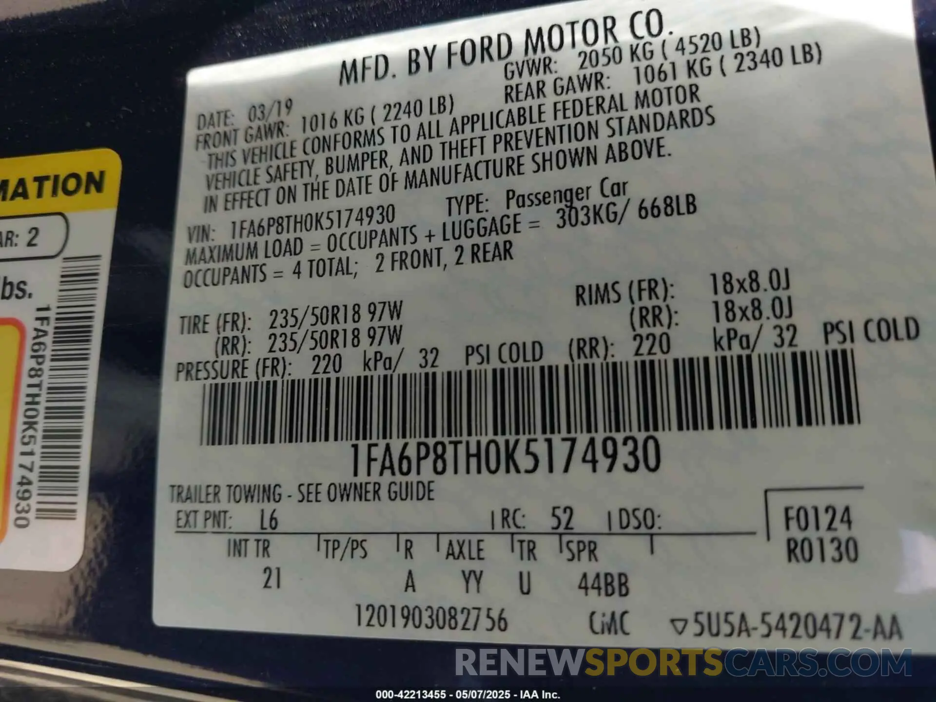9 fotografías del automóvil dañado 1FA6P8TH0K5174930 FORD MUSTANG 2019