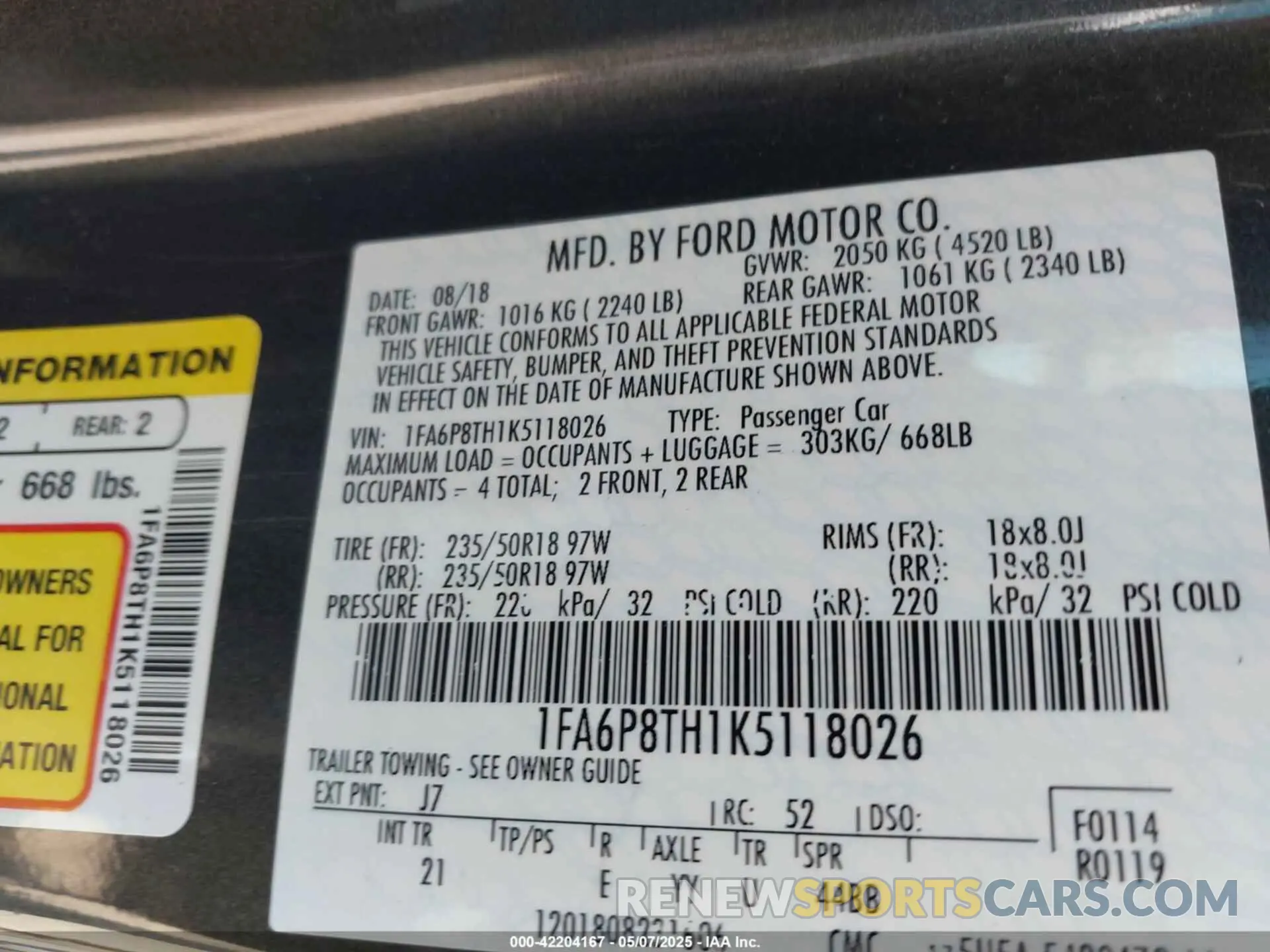 9 fotografías del automóvil dañado 1FA6P8TH1K5118026 FORD MUSTANG 2019