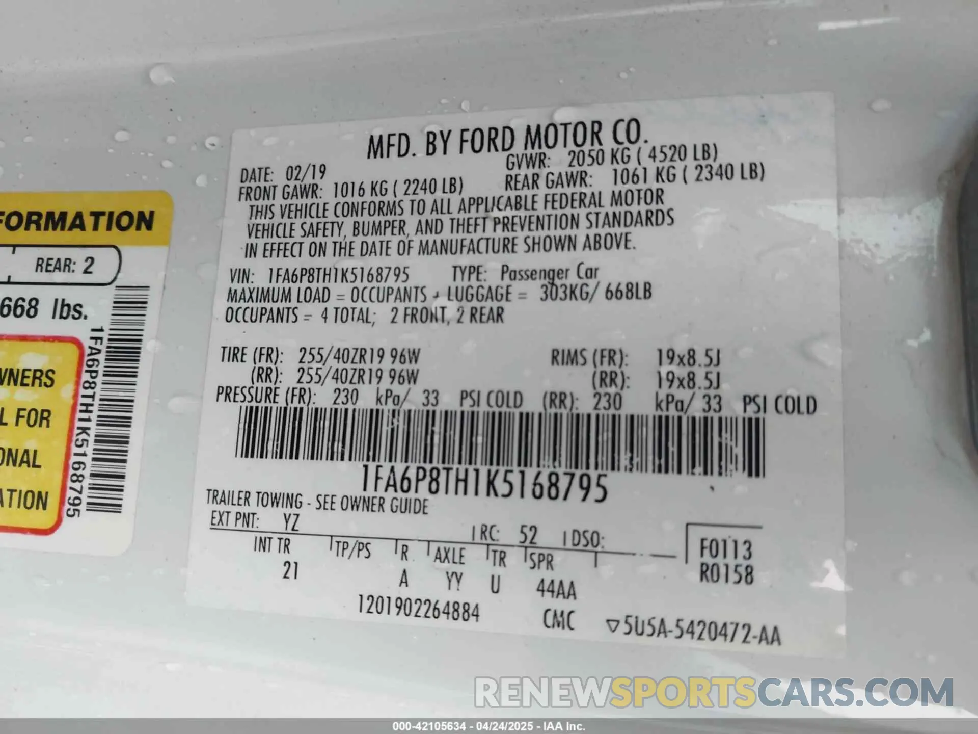 9 fotografías del automóvil dañado 1FA6P8TH1K5168795 FORD MUSTANG 2019