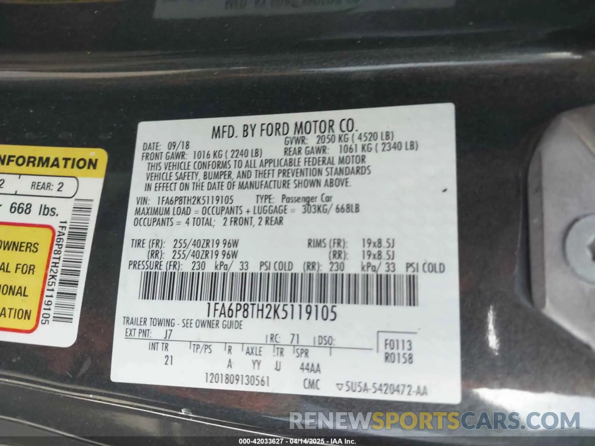 9 fotografías del automóvil dañado 1FA6P8TH2K5119105 FORD MUSTANG 2019